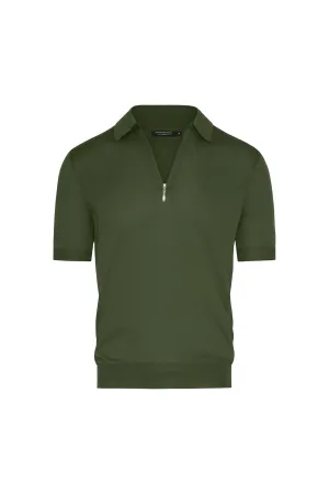 Silk Cotton Blend Knit Zip Front Polo in Avocado LightweightWeave MoistureControl Fabric