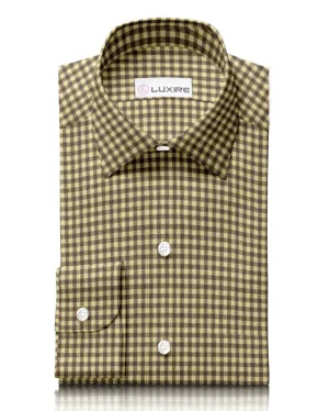 retro look Soft Inner Lining Linen:Yellow Brown Gingham Checks Shirt