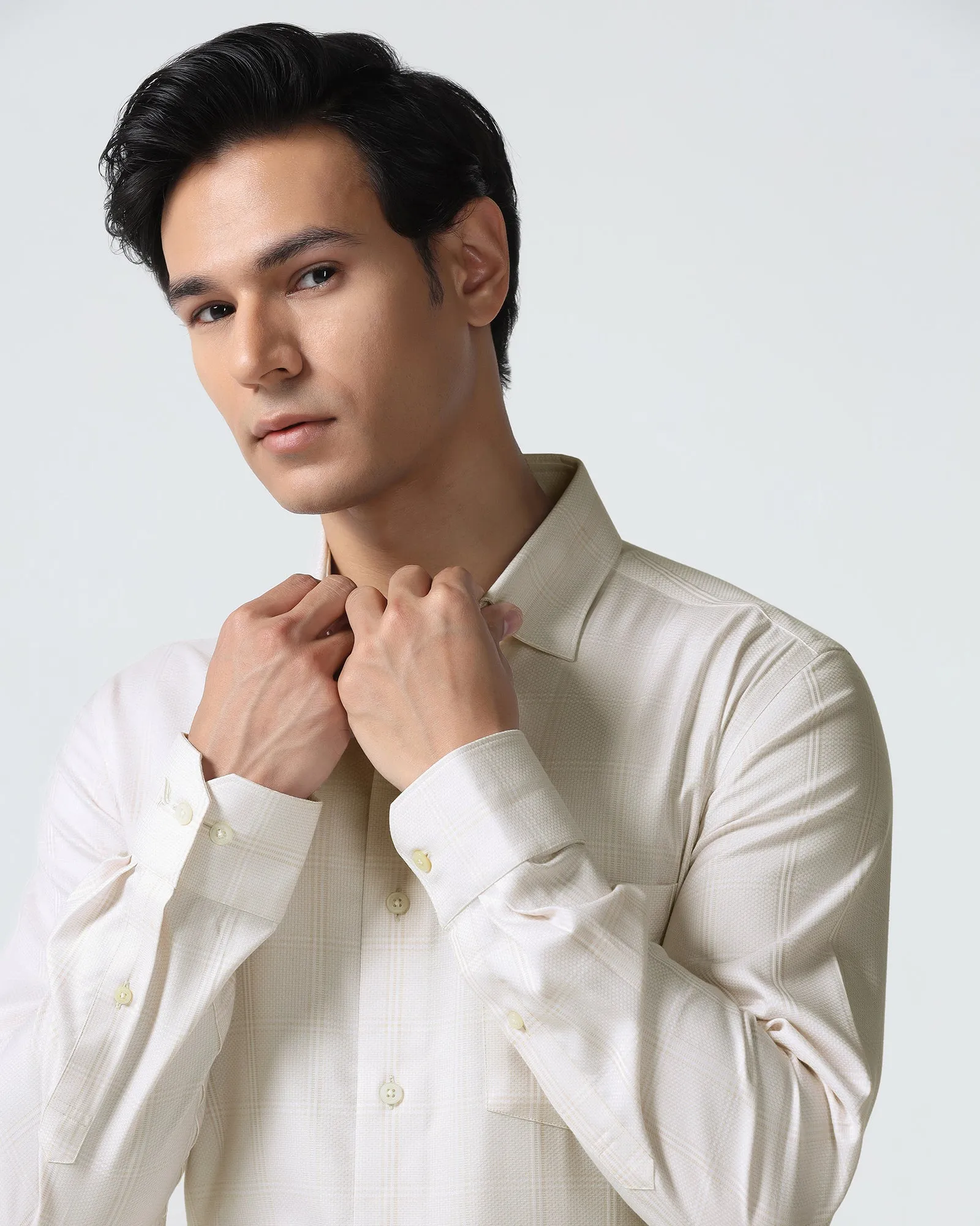 Non Iron Formal Beige Check Shirt - Wolf Winter Comfort