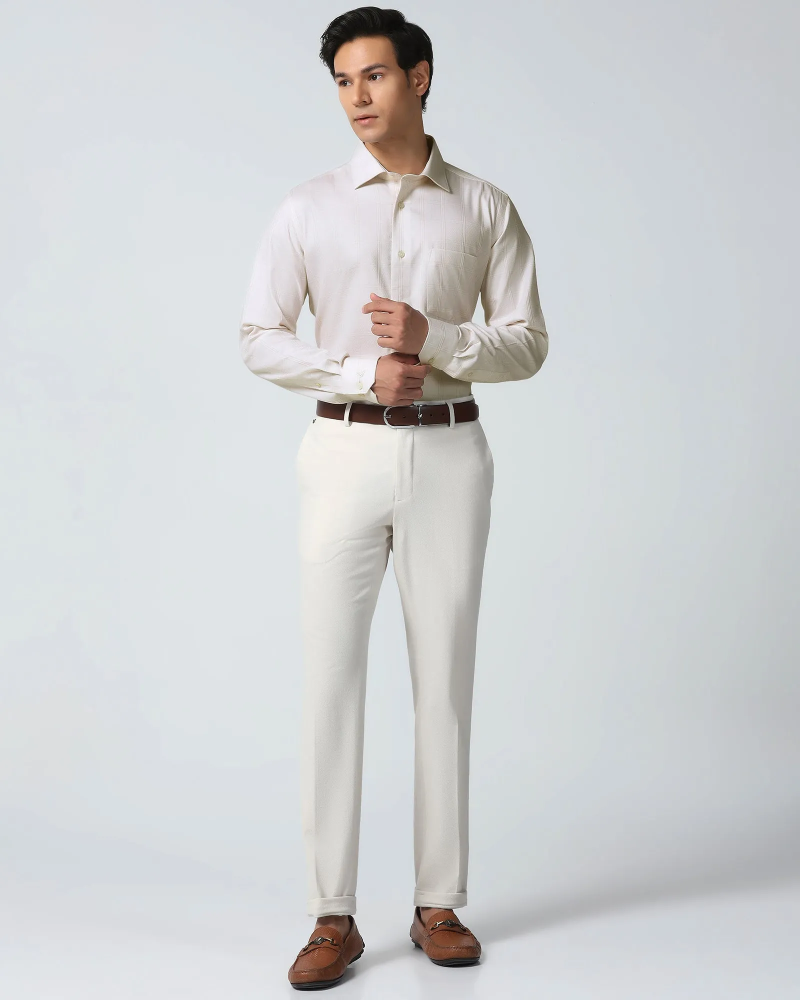 Smooth Cotton Blend Non Iron Formal Beige Check Shirt - Wolf