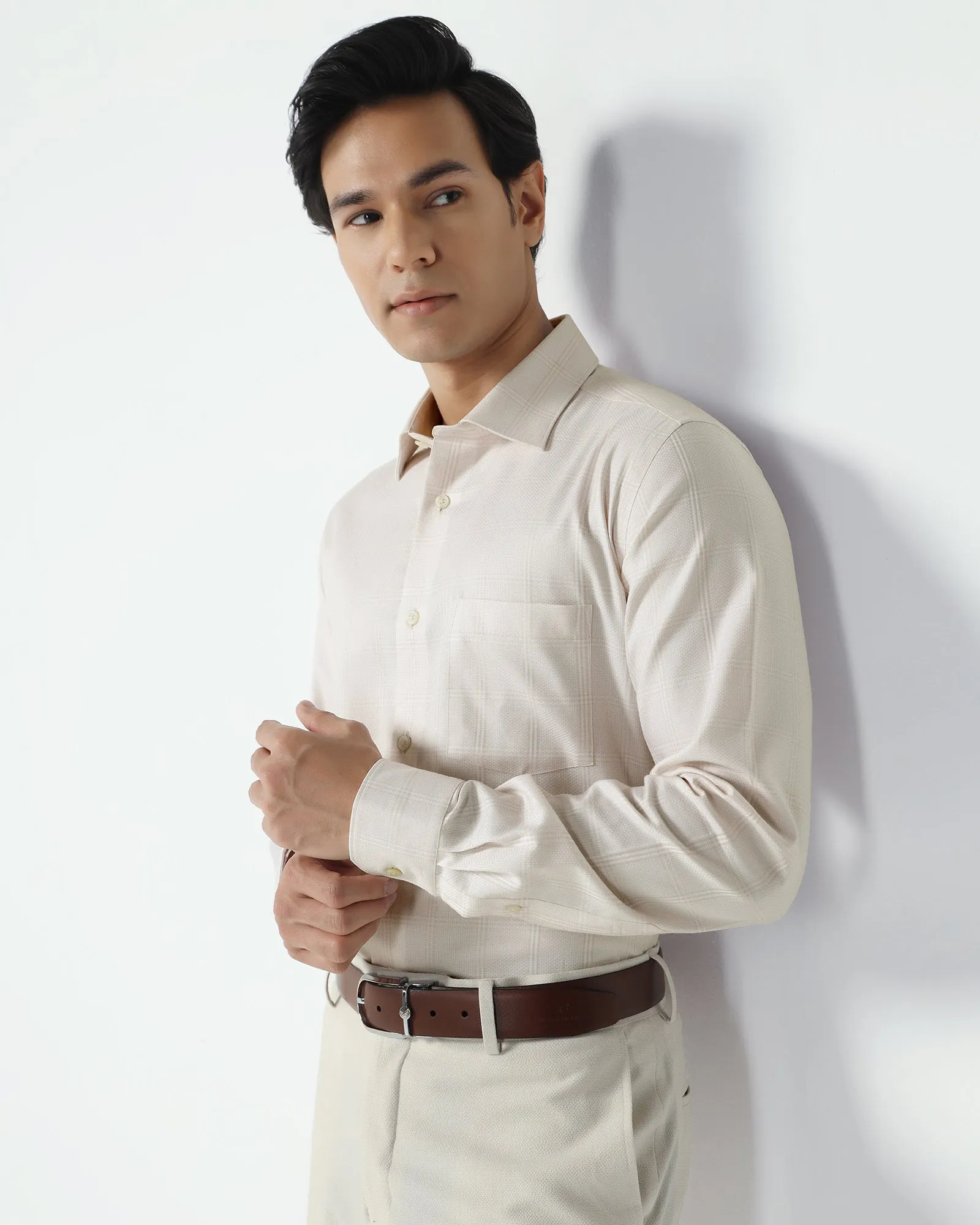 Non Iron Formal Beige Check Shirt - Wolf Bold Graphics Customizable Option