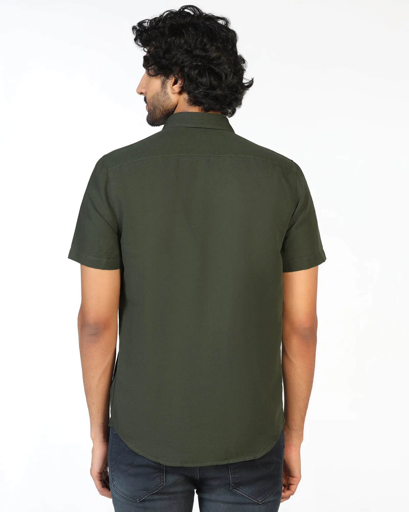 Olive Half Sleeve Linen Solid Shirt - Salmon Winter Fashion