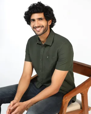 Olive Half Sleeve Linen Solid Shirt - Salmon Versatile Look