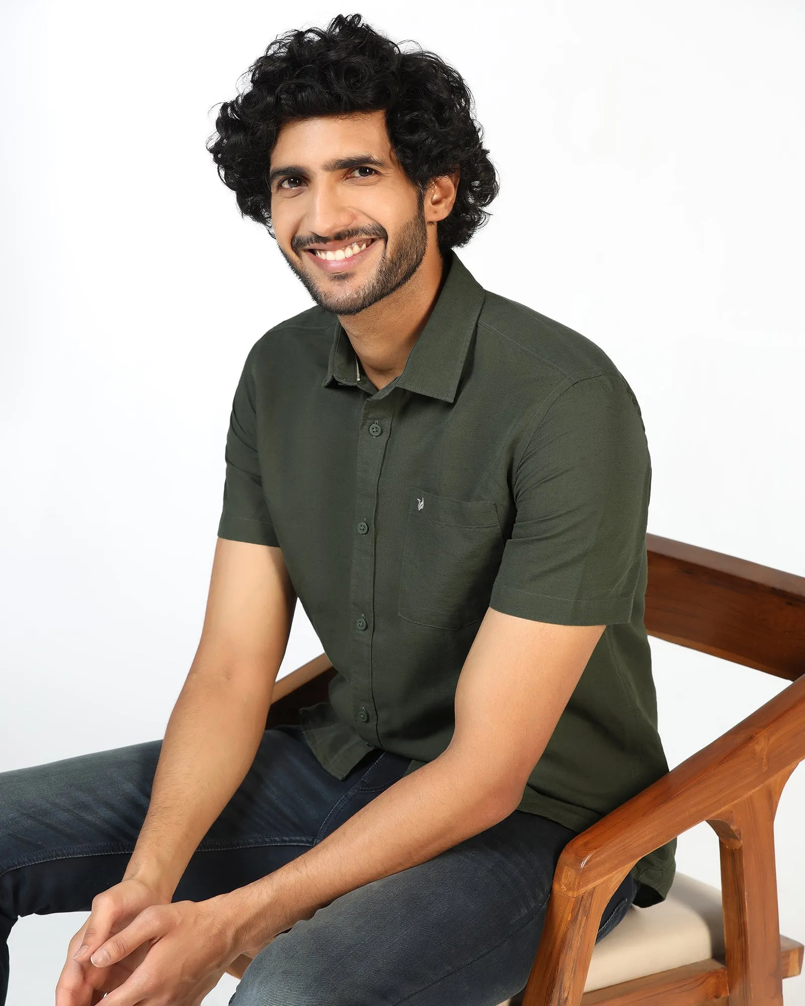 Olive Half Sleeve Linen Solid Shirt - Salmon Versatile Look