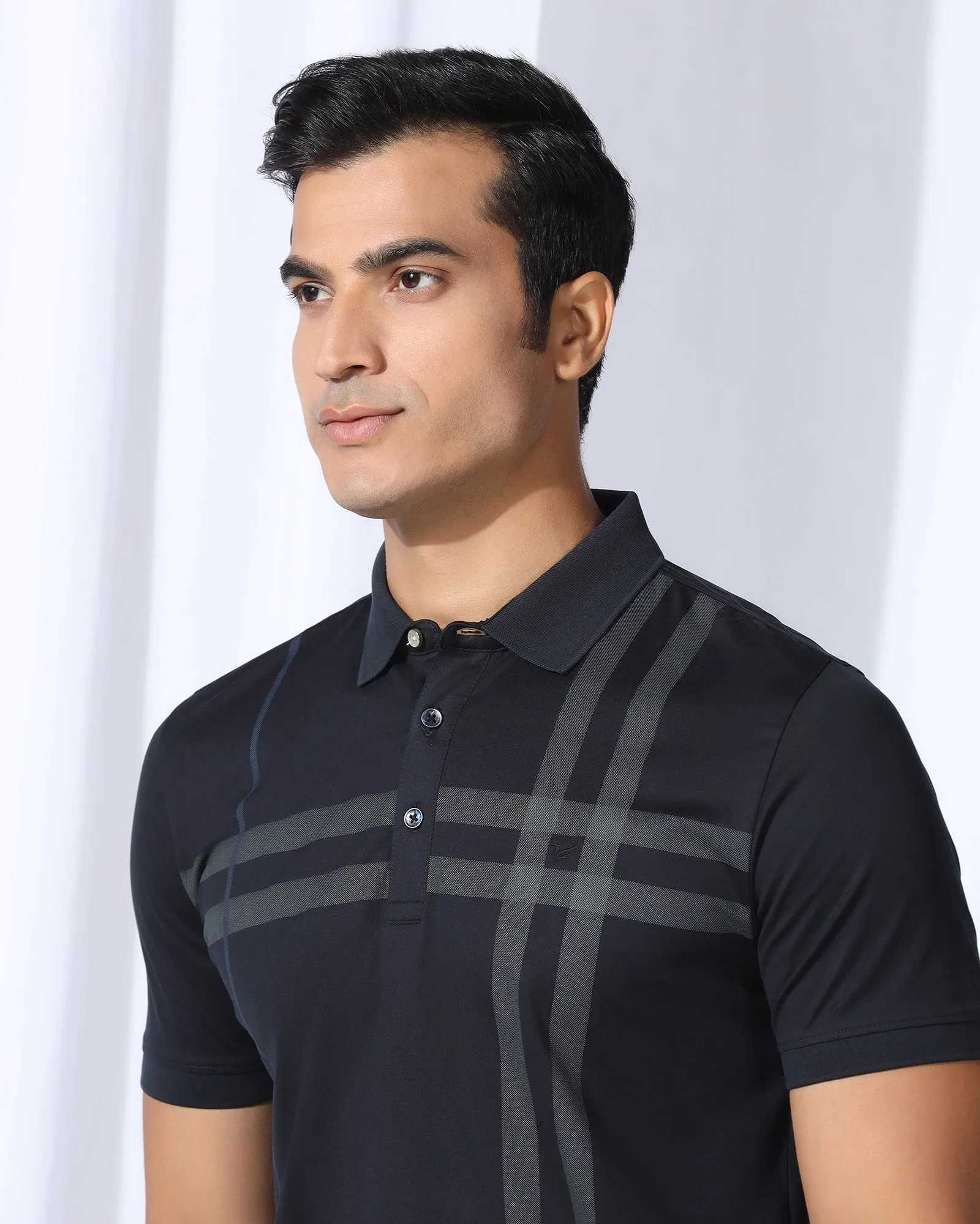 Perfect Fit Polo Navy Printed T-Shirt - Saddy