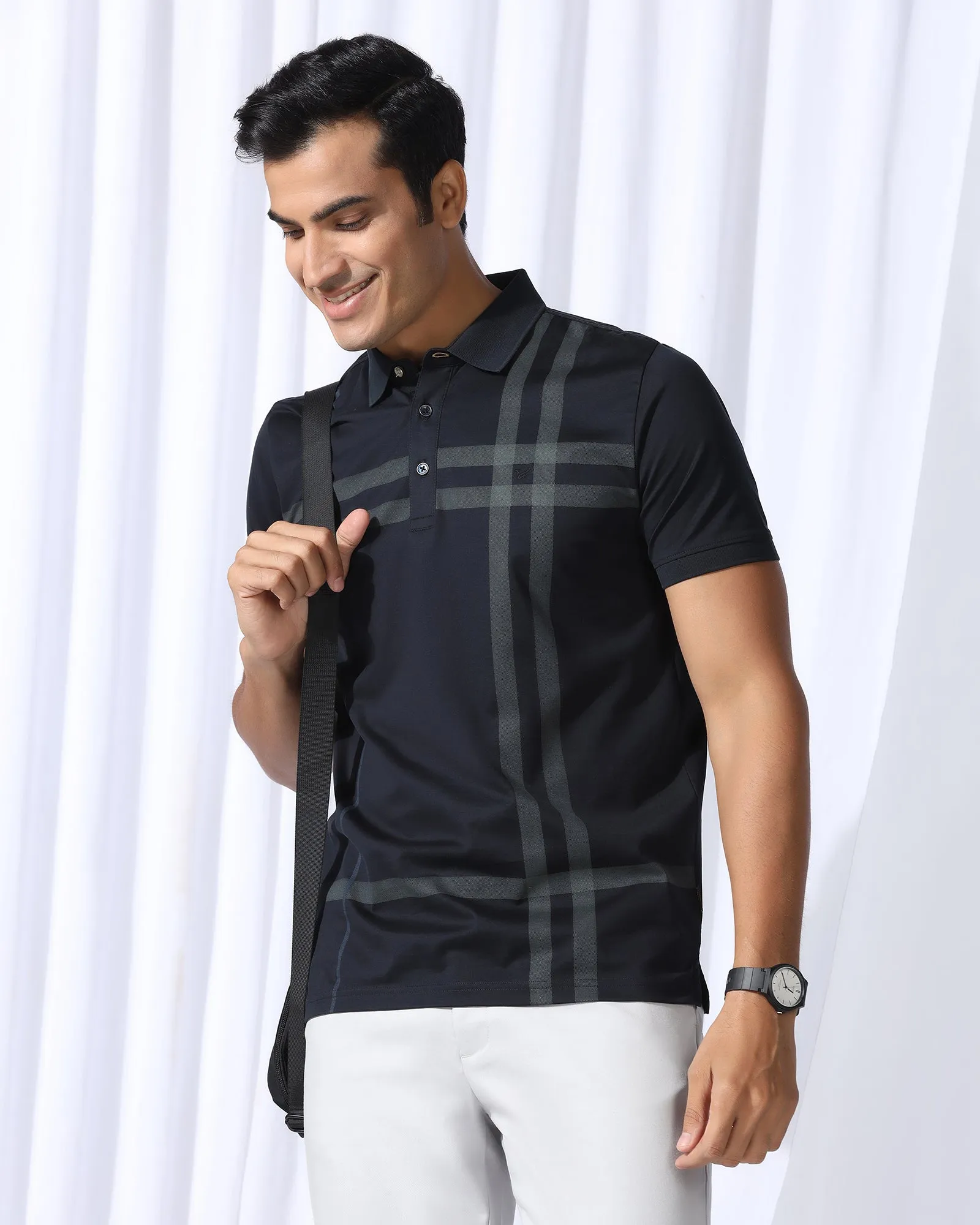 Polo Navy Printed T-Shirt - Saddy Modern Cut All-Season Comfort