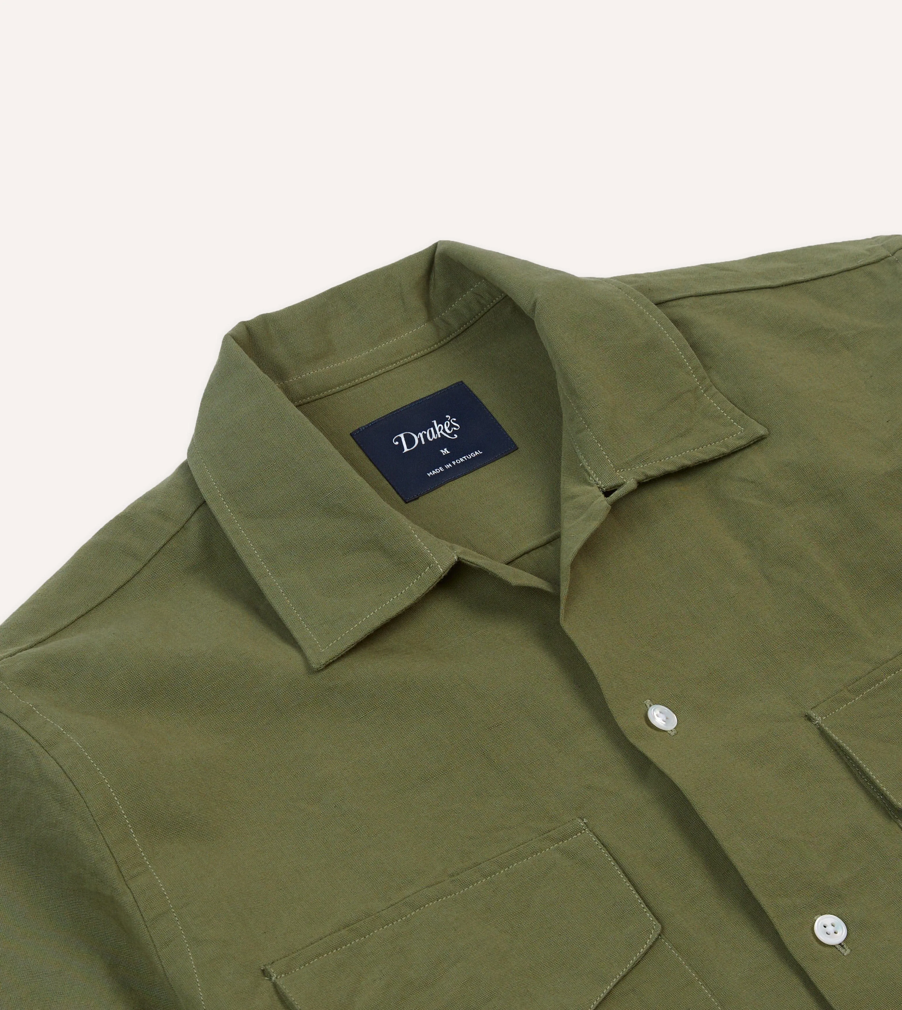 Unstructured Shoulder Olive Cotton-Linen Camp Collar Three Pocket Short Sleeve Shirt