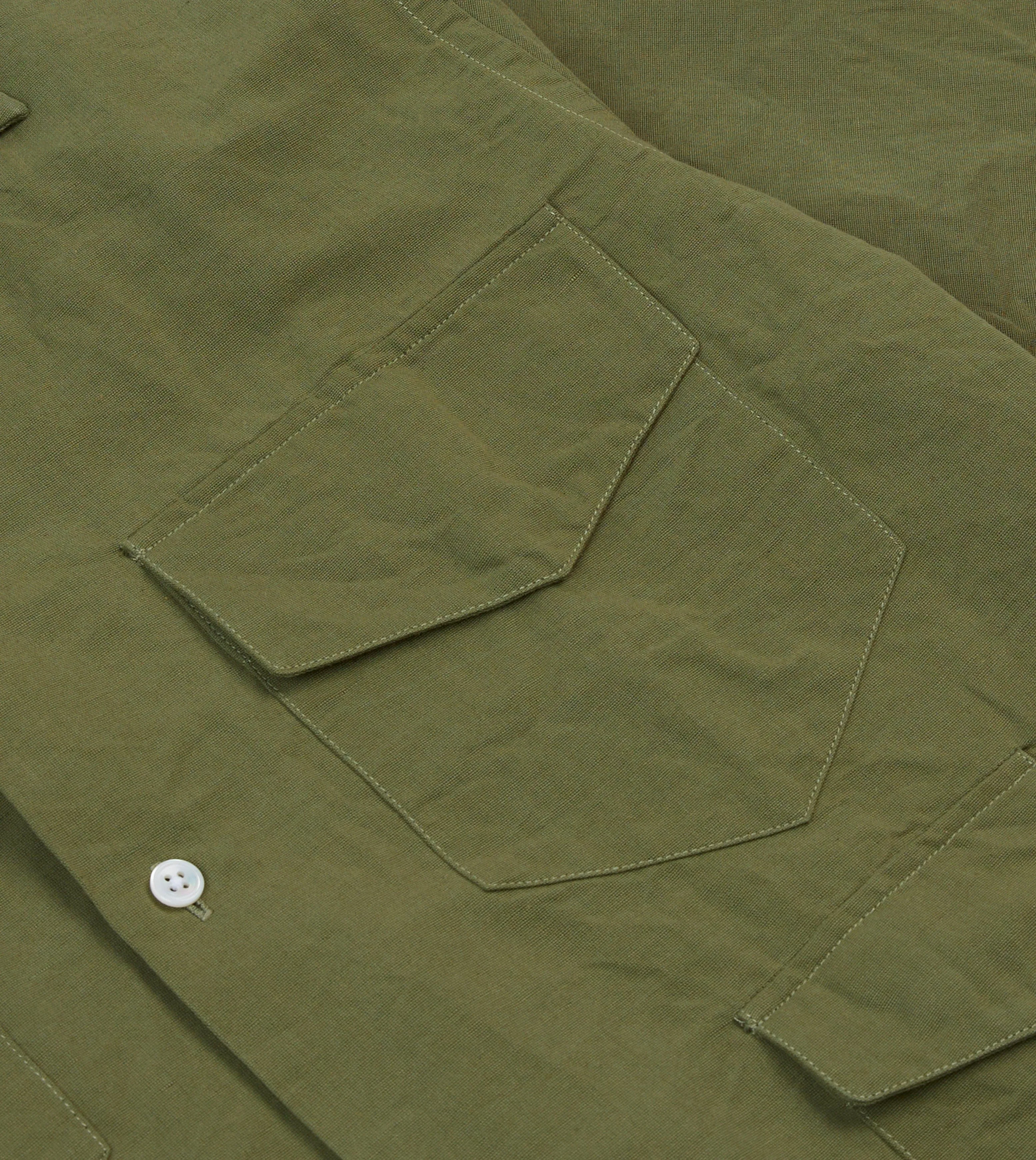 Olive Cotton-Linen Camp Collar Three Pocket Short Sleeve Shirt Casual Comfort