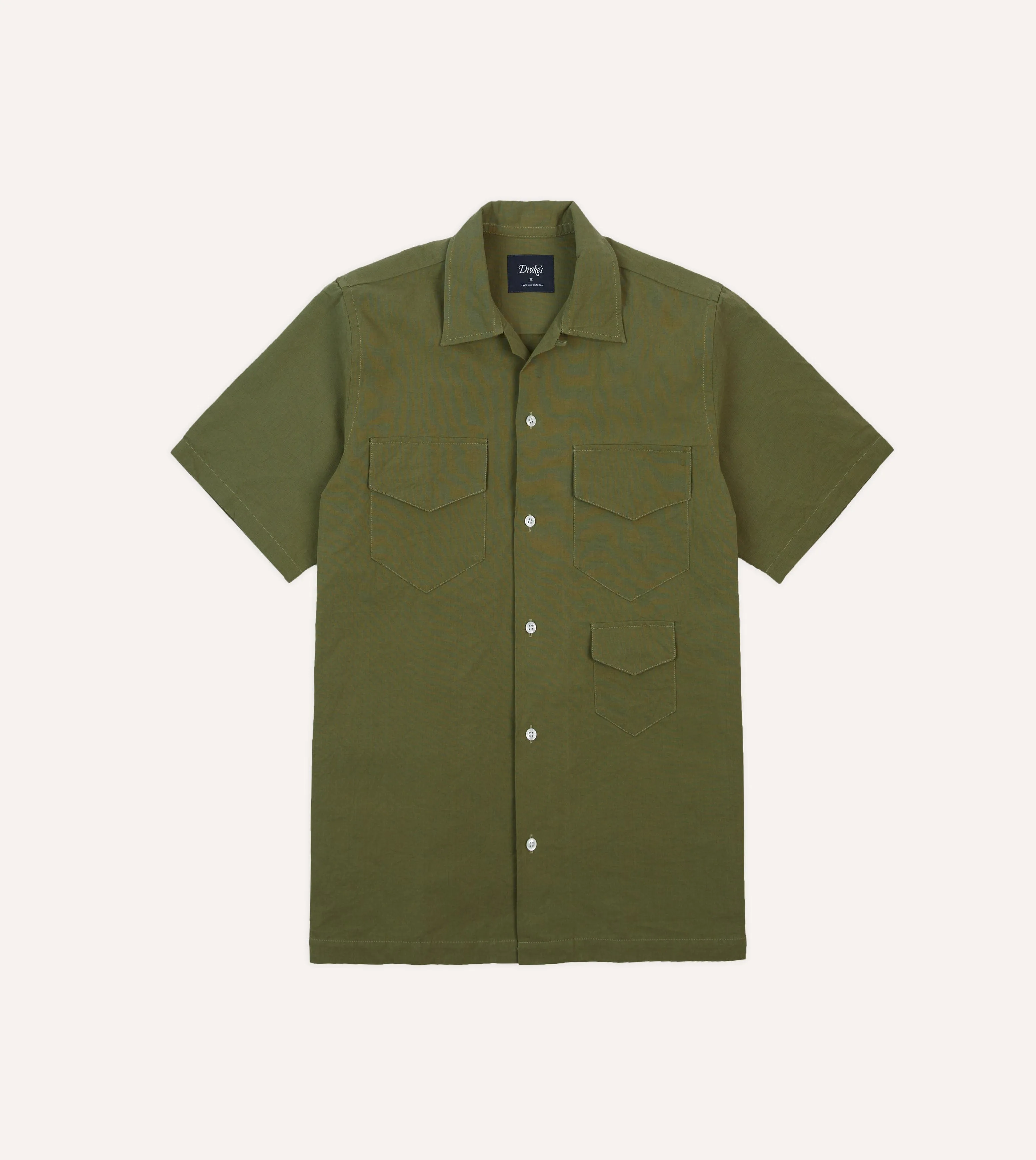 Olive Cotton-Linen Camp Collar Three Pocket Short Sleeve Shirt All-Ages Fit Solid Color