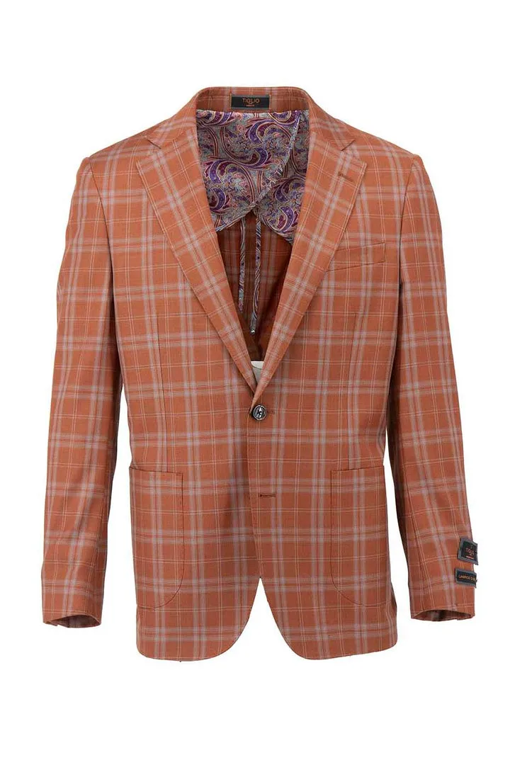 Tiglio Luxe Saffron Orange with Windowpane Dolcetto/THP Modern Fit half lined, Pure Wool Jacket TL6340 Layered Collar Design Ergonomic Tailoring