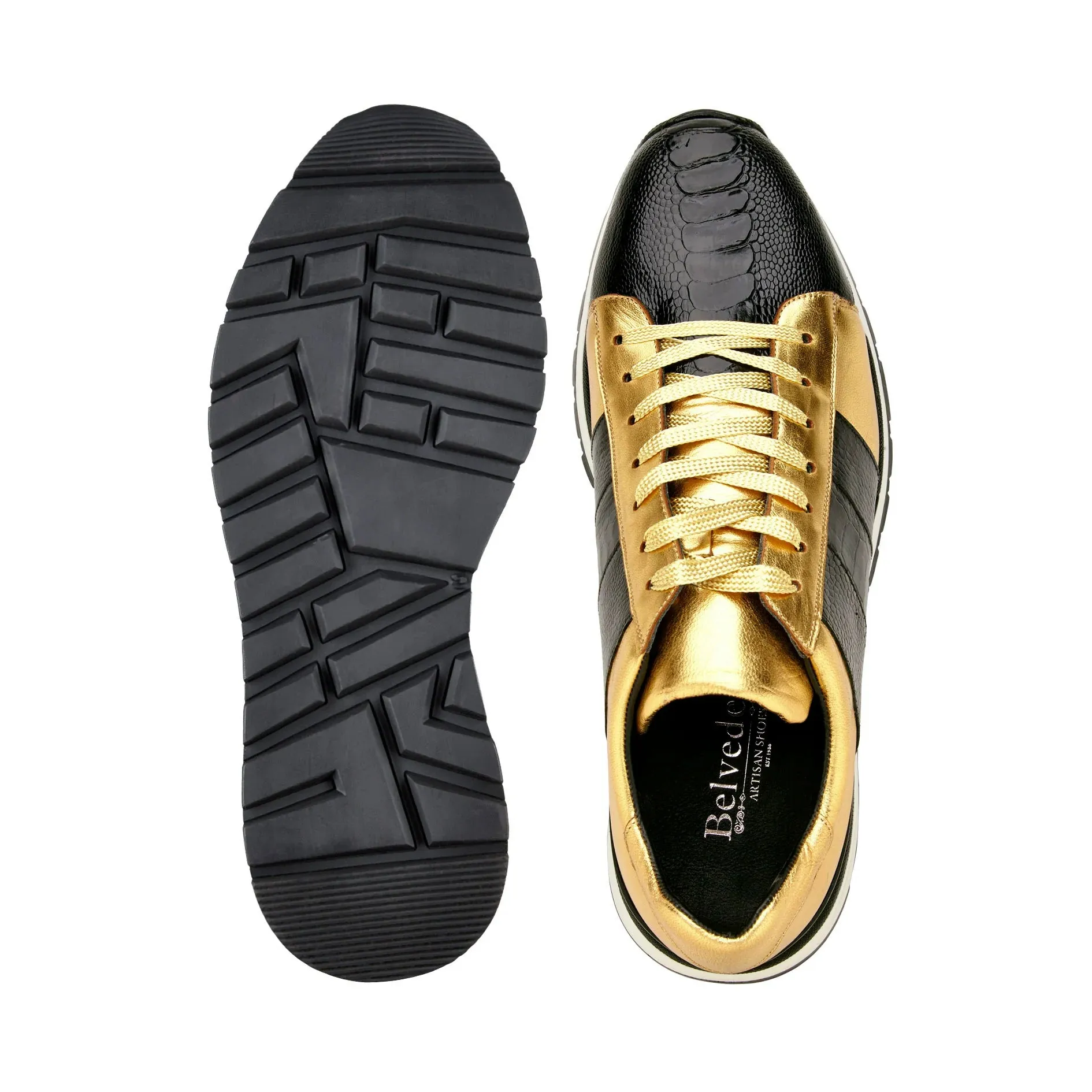 Belvedere Blake Black & Gold Ostrich & Italian Calf Leather Sneaker Comfort Linings