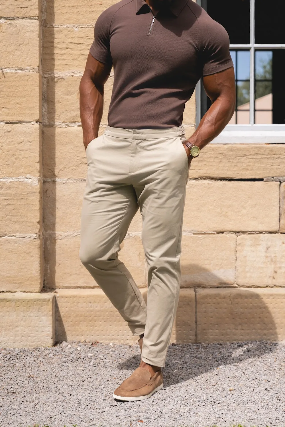 Essential Wearable Slim Shape Smart Chino Side Adjuster Pants in Stone