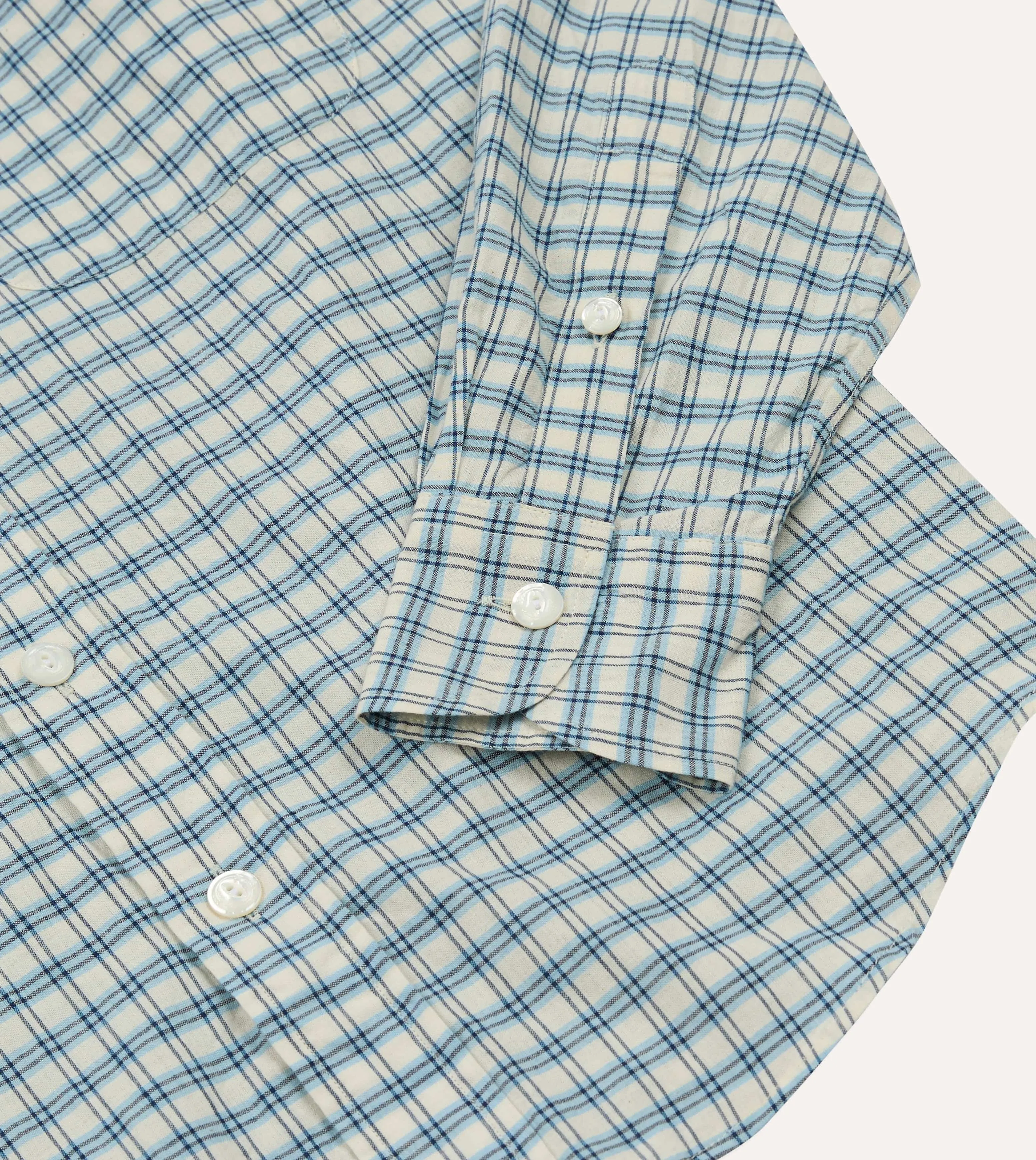 Blue and White Madras Check Cotton Long Point Collar Shirt Eye-Catching Pattern