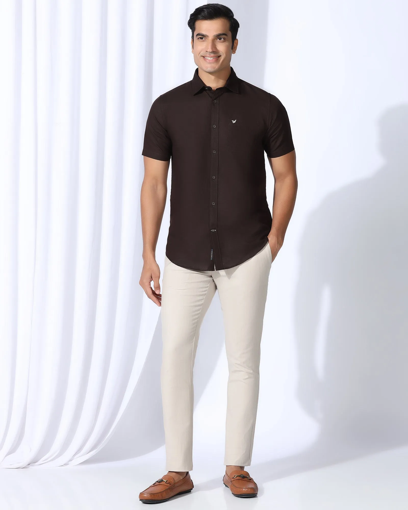 Linen Casual Half Sleeve Tan Solid Shirt - Salmon Graduation Ceremony