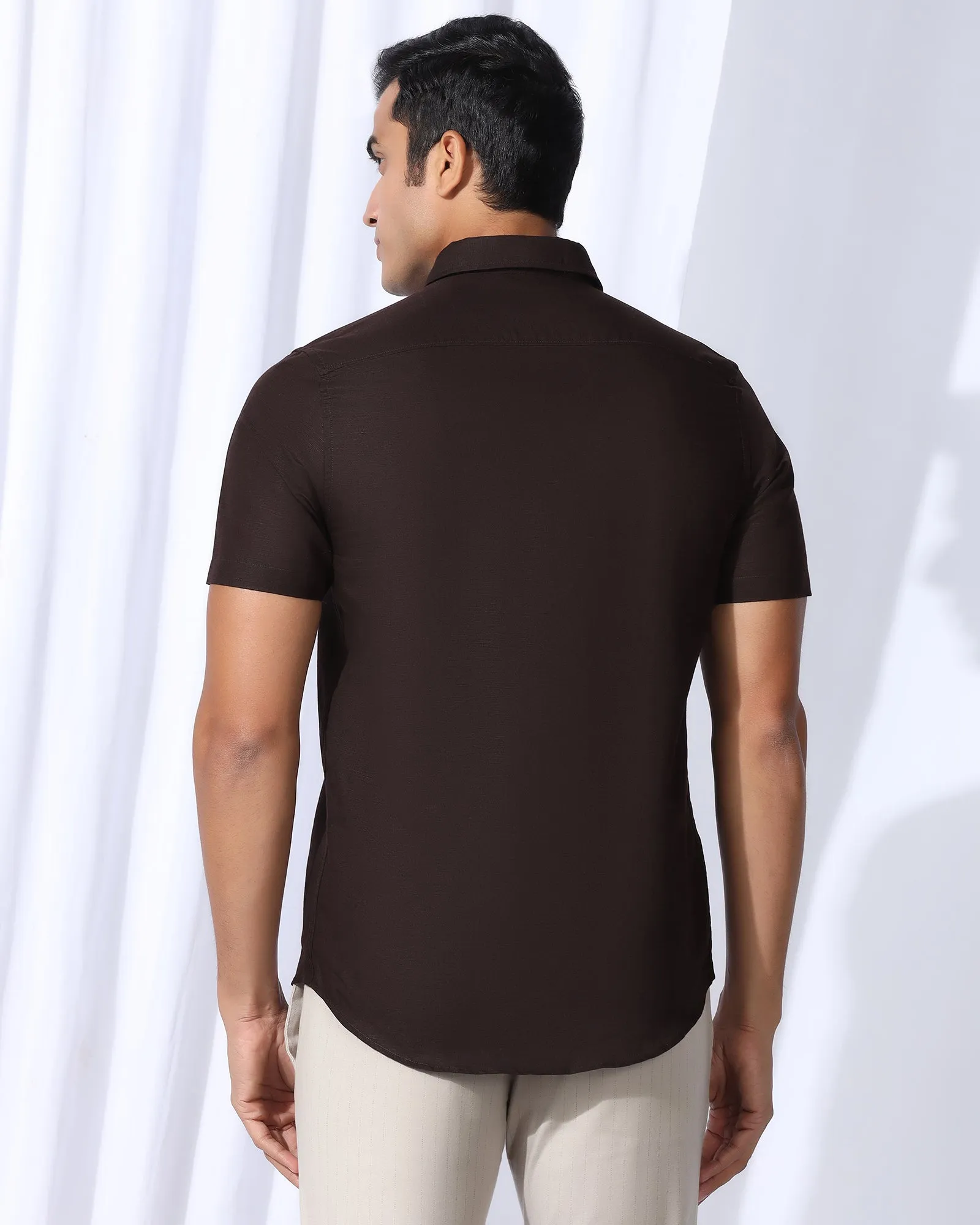 Linen Casual Half Sleeve Tan Solid Shirt - Salmon Unisex Design Wrinkle Free Care