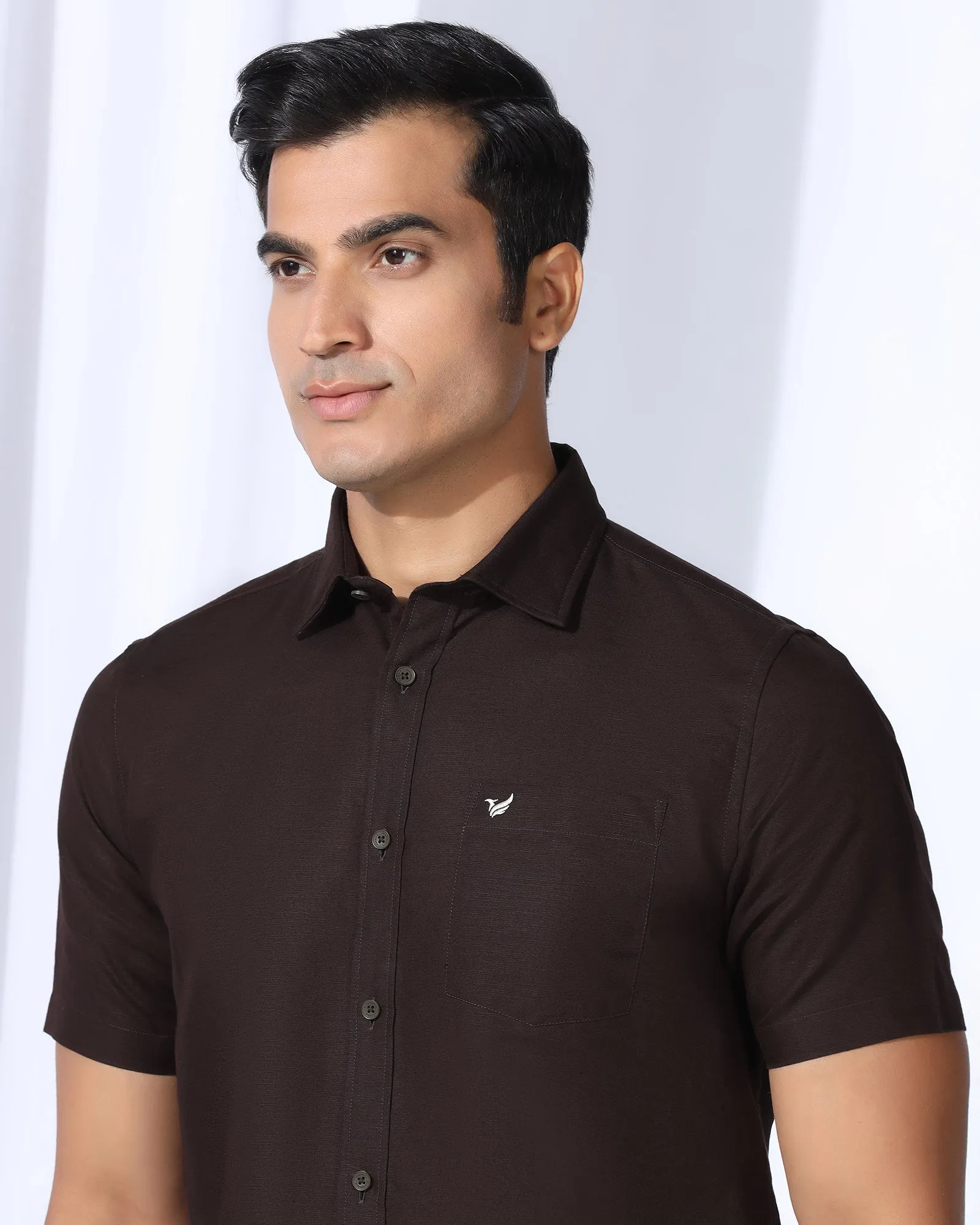 Anti Odor Treatment Coffee Run Linen Casual Half Sleeve Tan Solid Shirt - Salmon