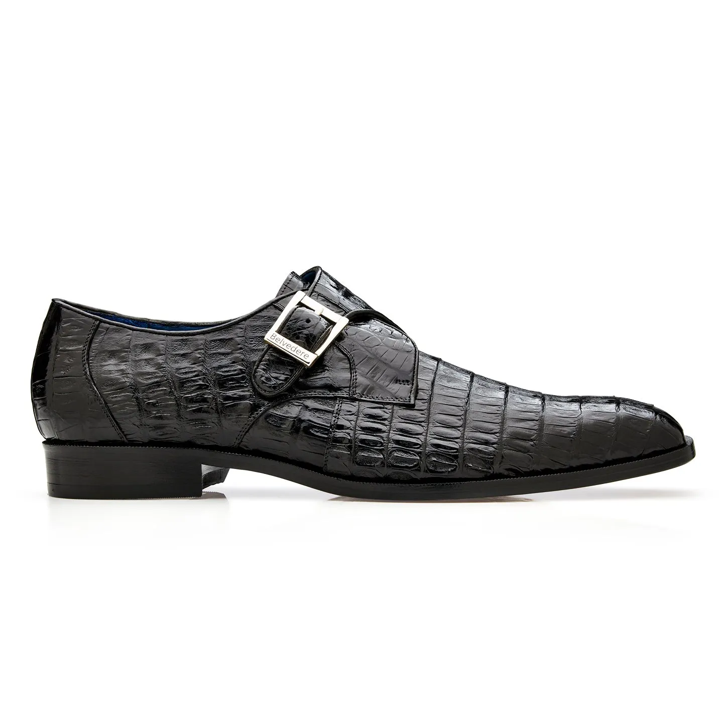Belvedere Angelo Genuine Caiman Crocodile Monk-Strap Shoe in Black Stone Gray