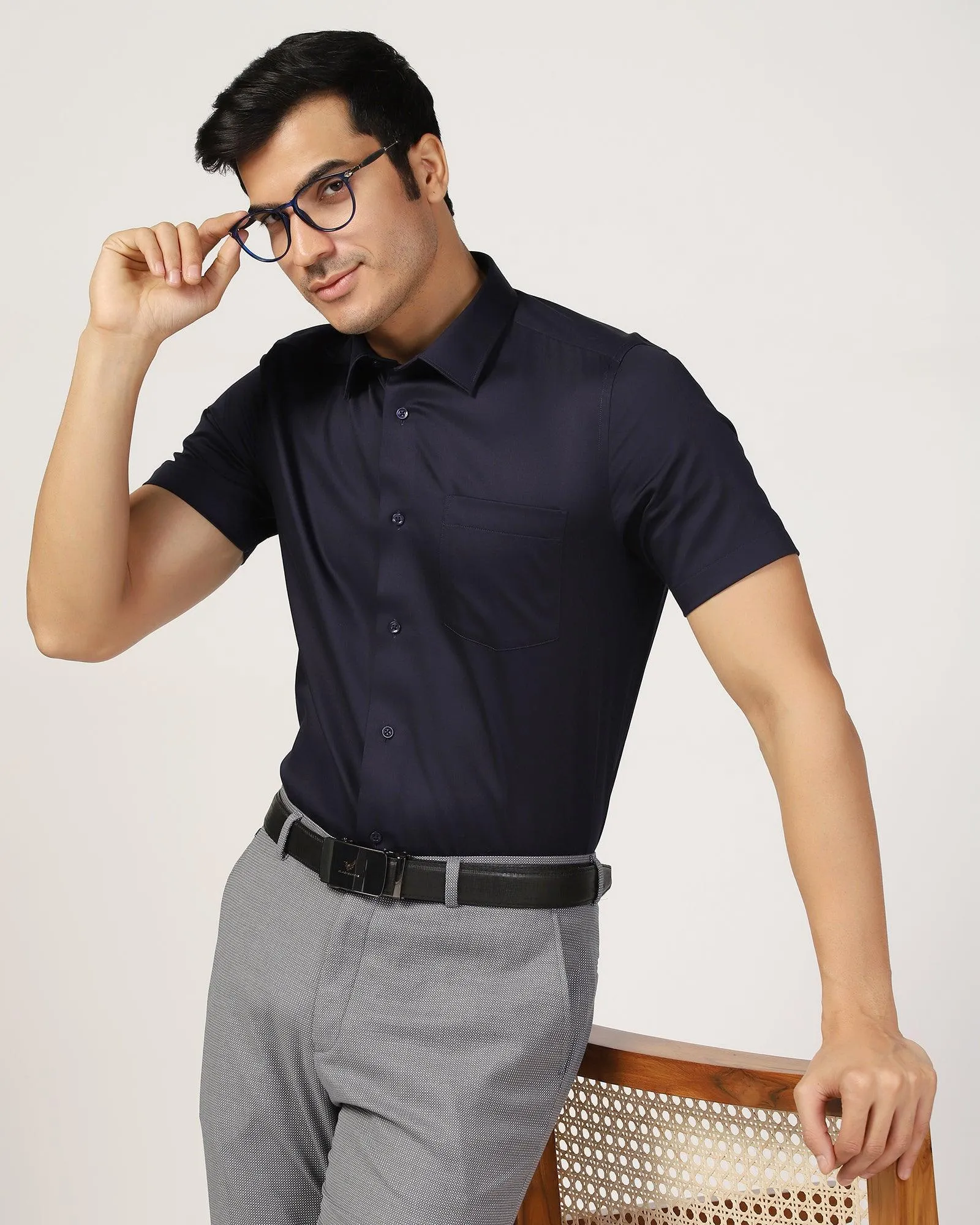 Non Iron Formal Half Sleeve Navy Solid Shirt - Matiz Hidden Button Placket