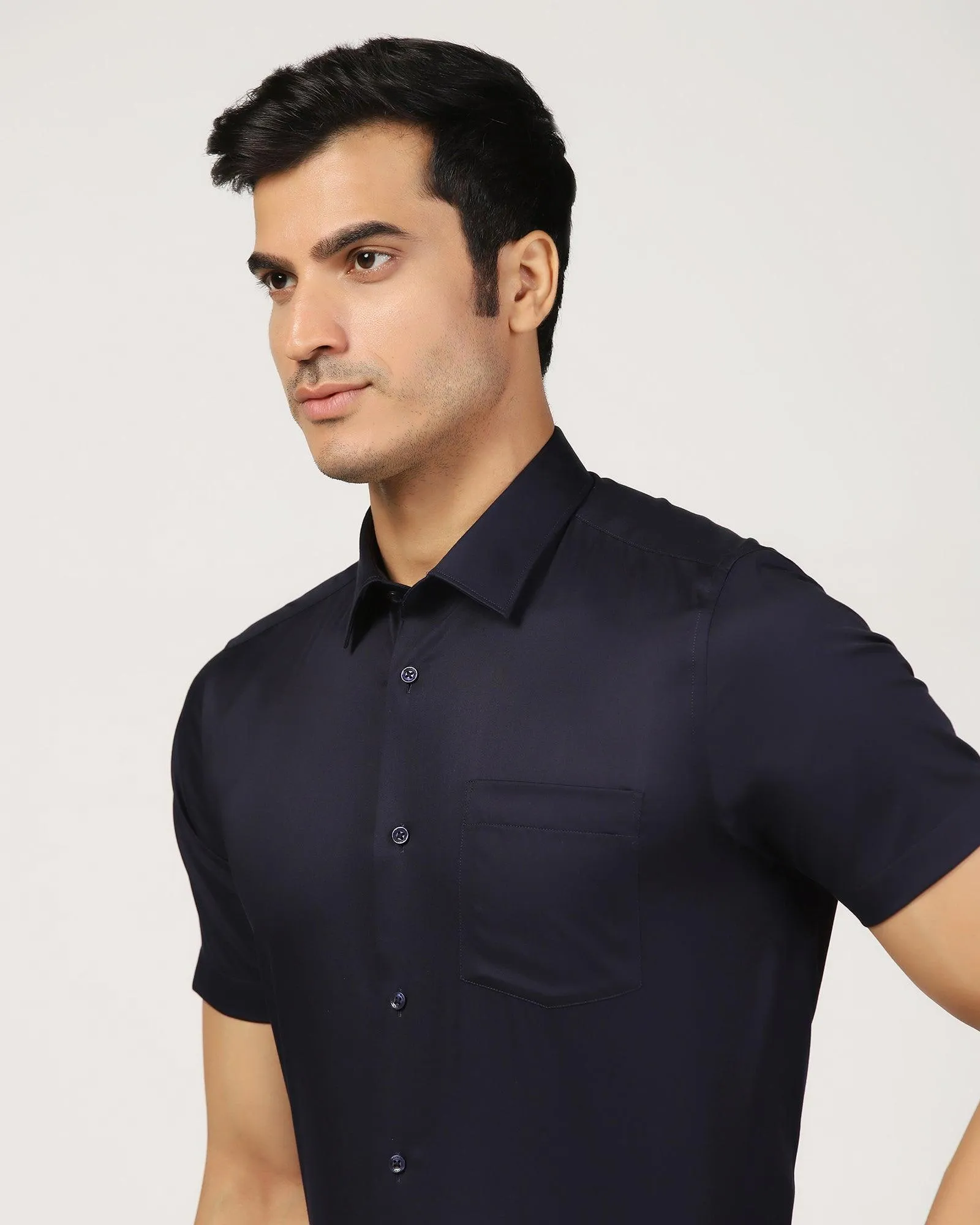 Earthy Palette Soft Material Non Iron Formal Half Sleeve Navy Solid Shirt - Matiz