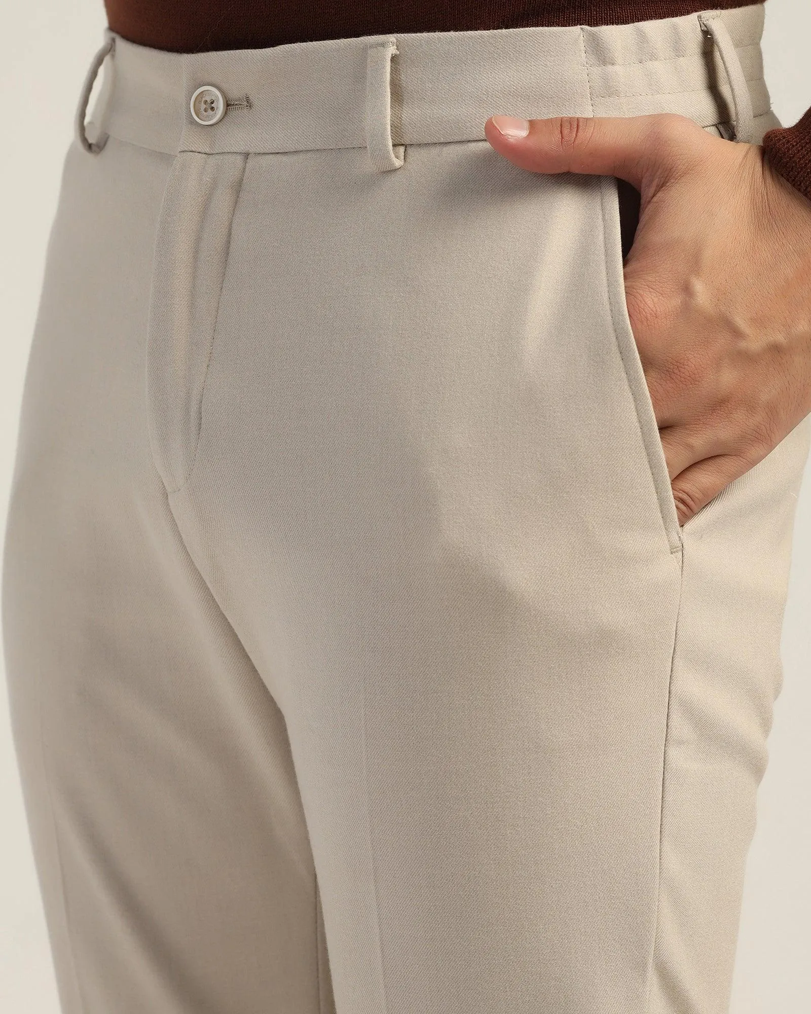 No Ride Fit Secure Waistband Slim Comfort B-95 Formal Beige Solid Trouser - Thunderbird