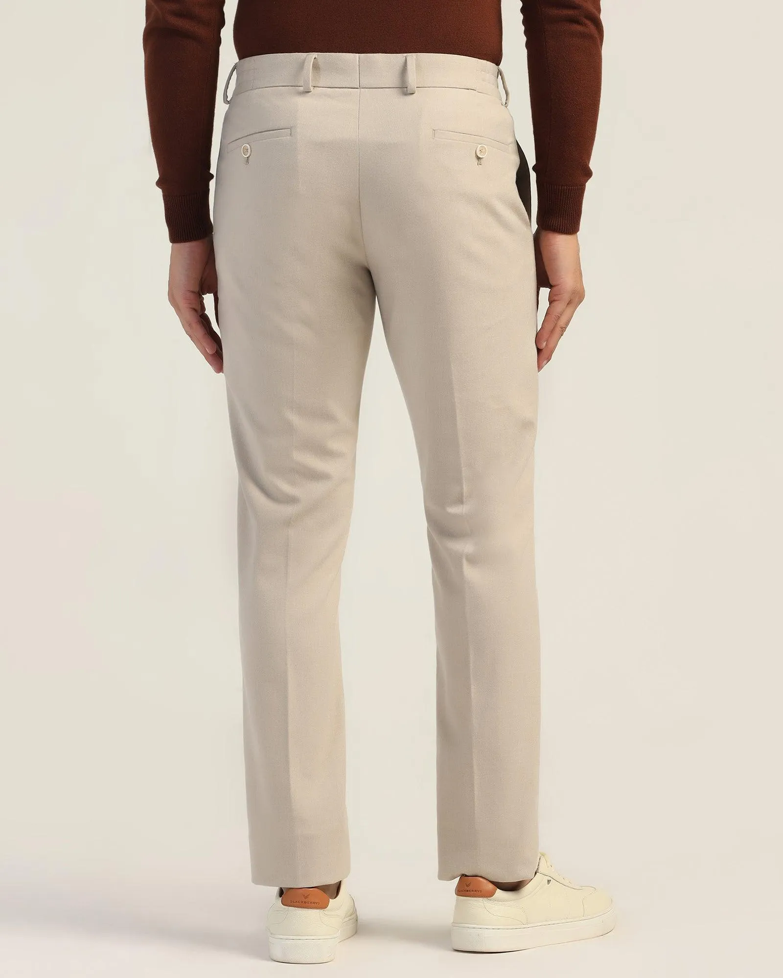 Travel-Ready Neutral Style Slim Comfort B-95 Formal Beige Solid Trouser - Thunderbird