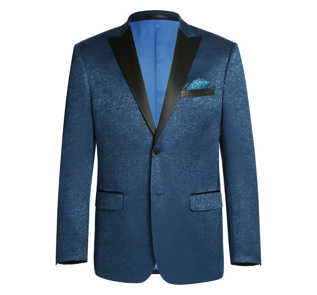 Alessandro Vitello by Renoir Dark Blue Slim Fit Peak Lapel Tuxedo Blazer With Embroidered Pattern 290-4 Moisture Wicking Lining Odor control