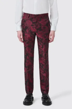 SoftenedEdges Ersat Skinny Fit Red Floral Jacquard Tuxedo Trouser