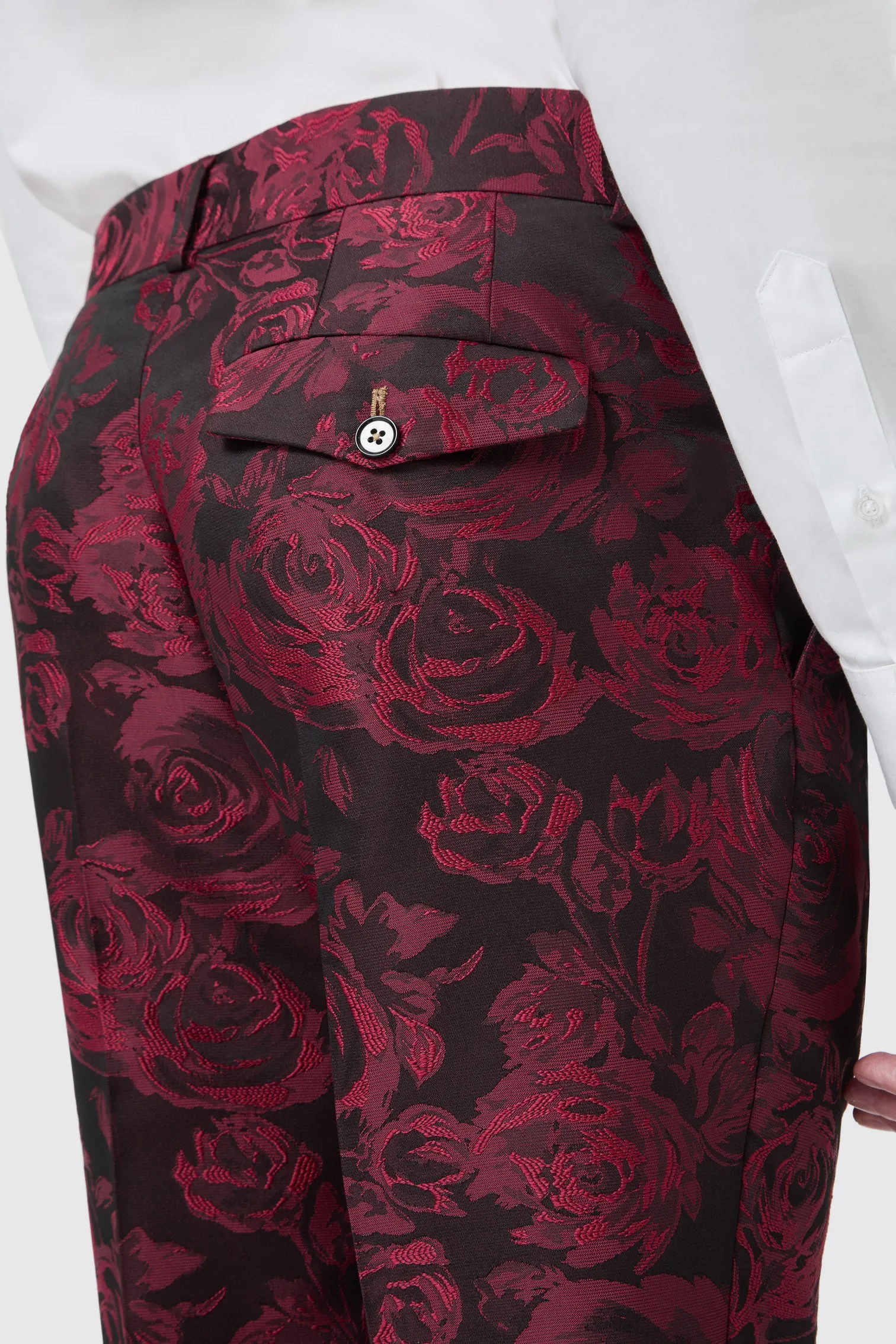Ersat Skinny Fit Red Floral Jacquard Tuxedo Trouser Gloss Fit Light Fit
