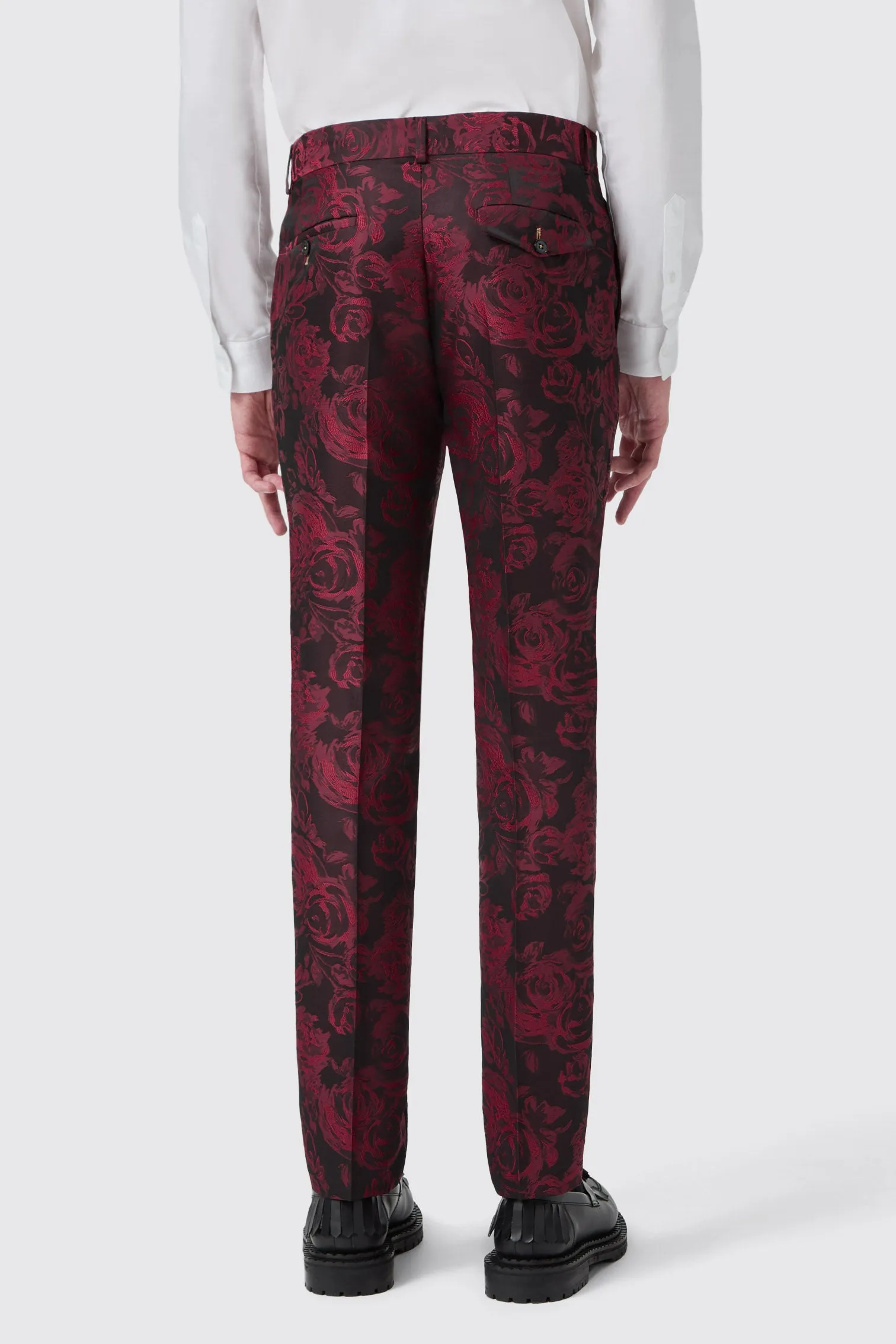 Work Wear Game Core Ersat Skinny Fit Red Floral Jacquard Tuxedo Trouser