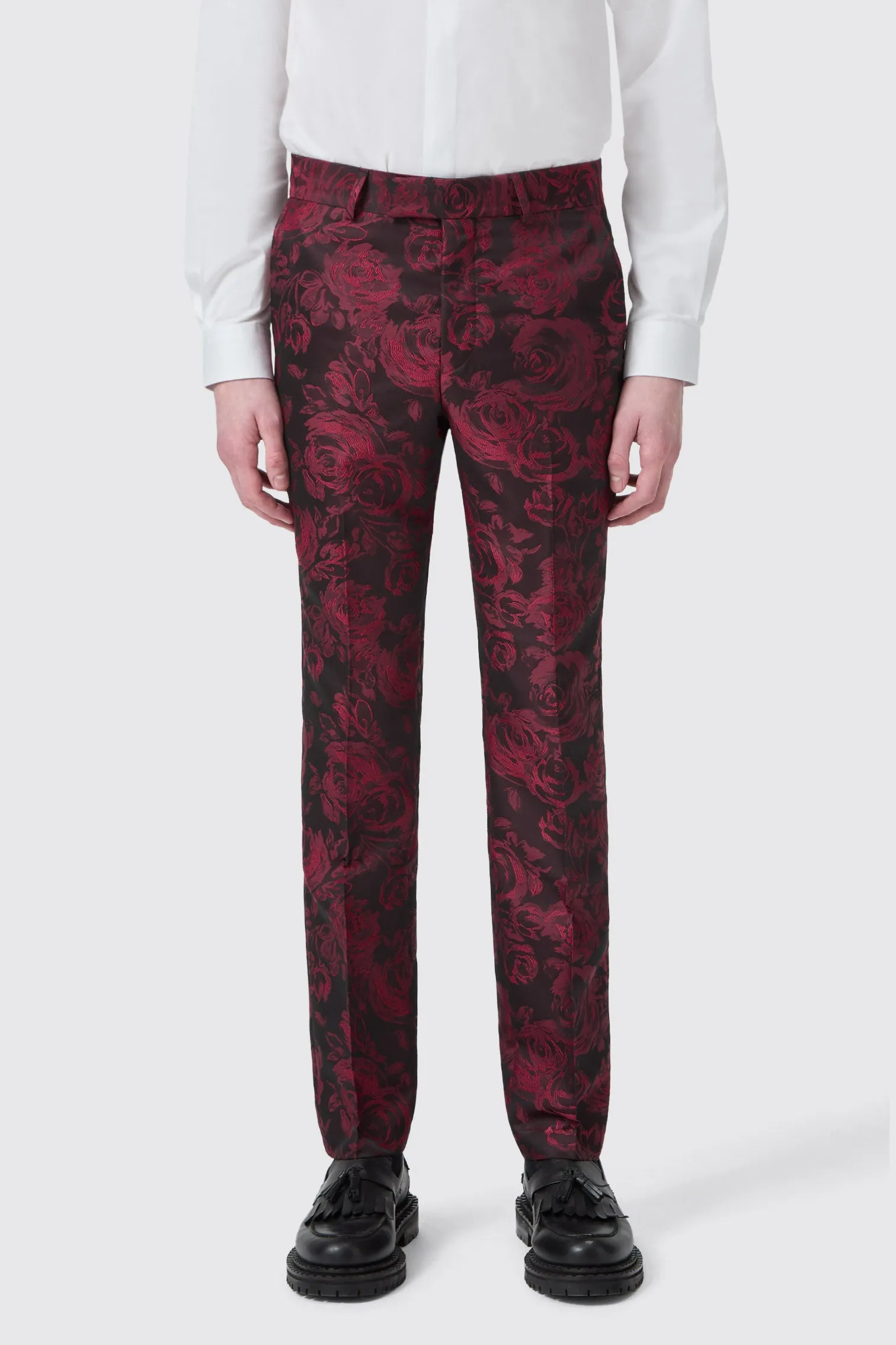 SoftenedEdges Ersat Skinny Fit Red Floral Jacquard Tuxedo Trouser