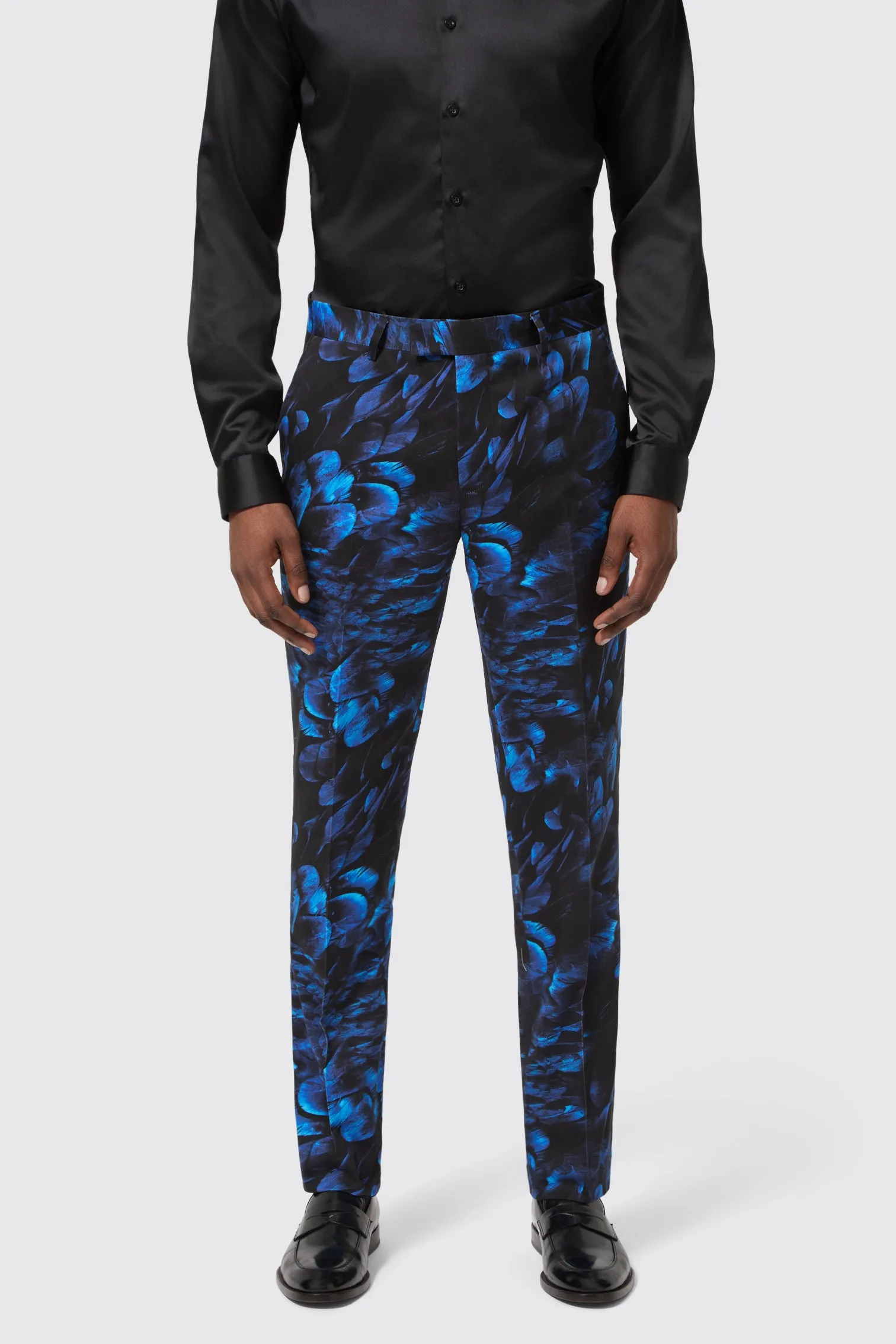 Easy Wear Commute Ease Heron Slim Fit Blue Floral Cotton Trousers