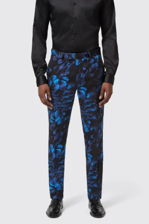 Easy Wear Commute Ease Heron Slim Fit Blue Floral Cotton Trousers