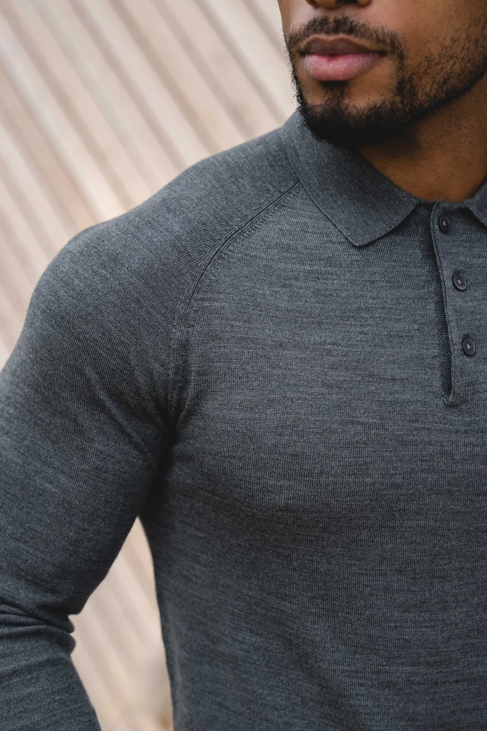 Extra Fine Merino Wool Polo Shirt in Charcoal Marl AntiBacterial Coating