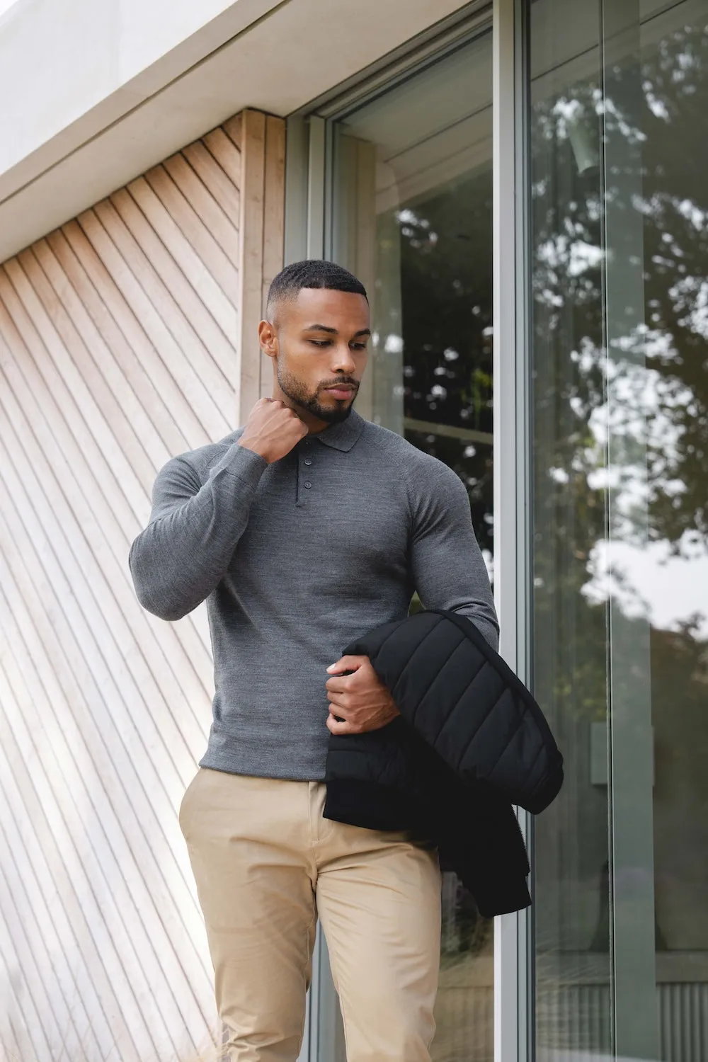 Sophisticated Look Polo Player Extra Fine Merino Wool Polo Shirt in Charcoal Marl