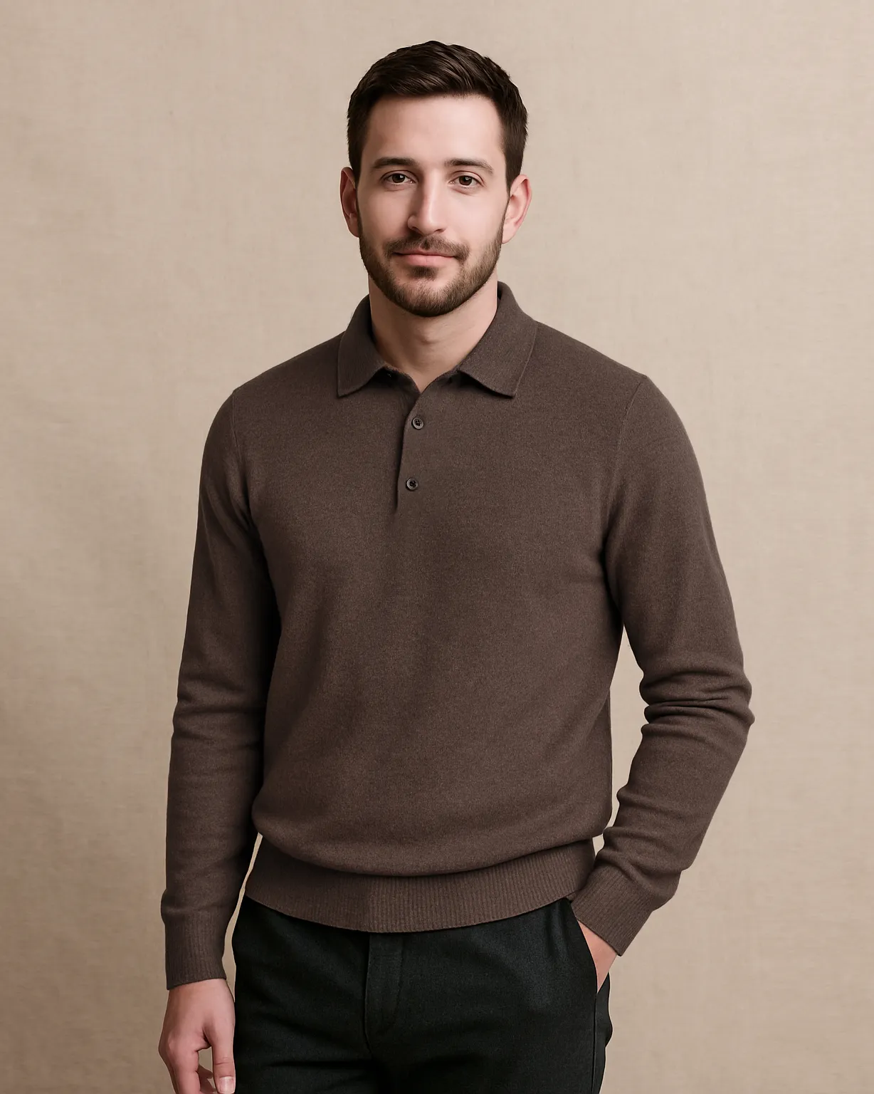 EZS Merino Wool Brown Long Sleeve Polo Soft Touch Trendy Layer