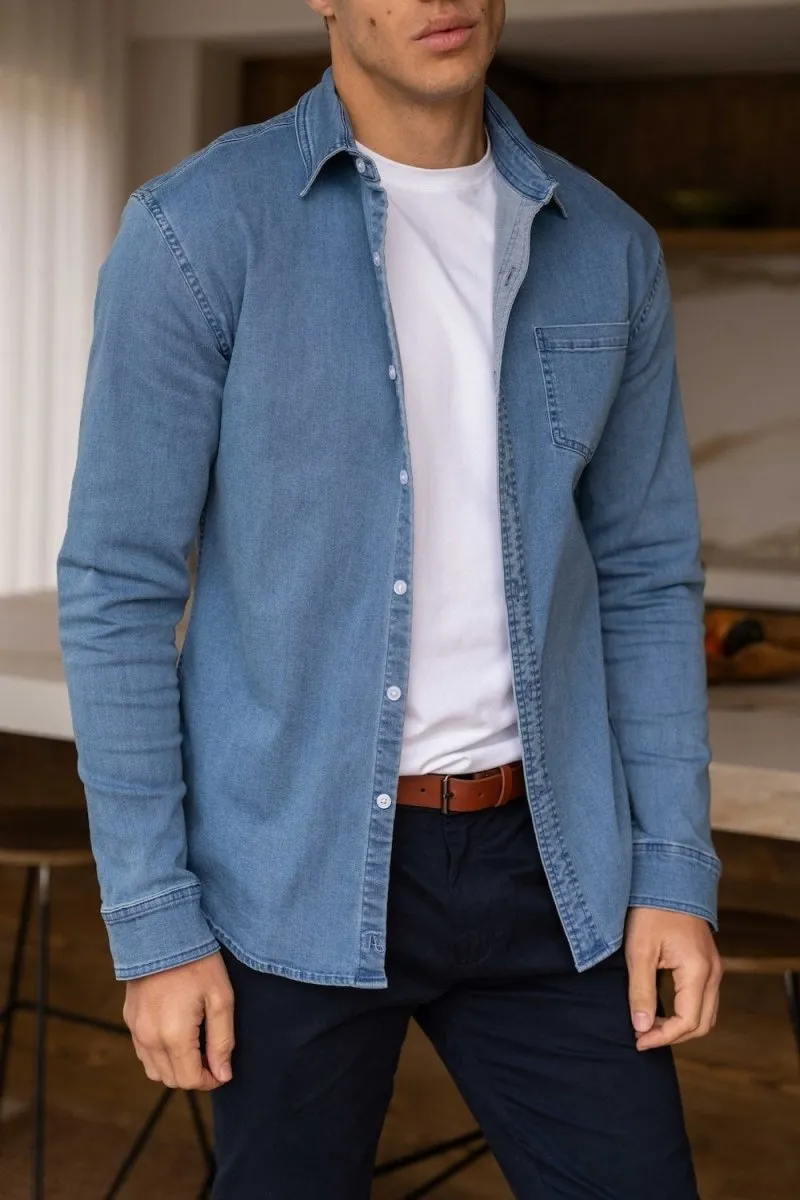 Denim Shirt in Pale Blue Fitted Silhouette
