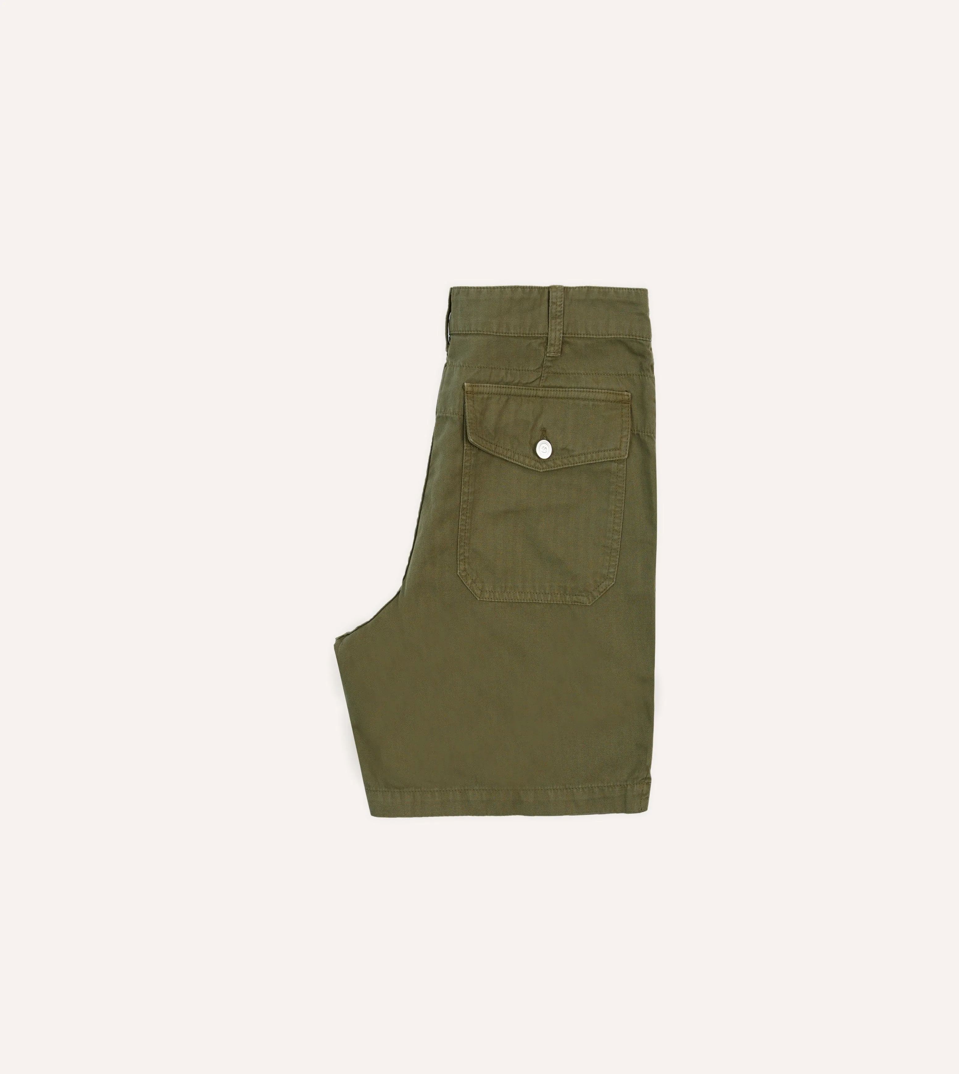 Olive Cotton-Linen Herringbone Fatigue Shorts Day Trip Wear