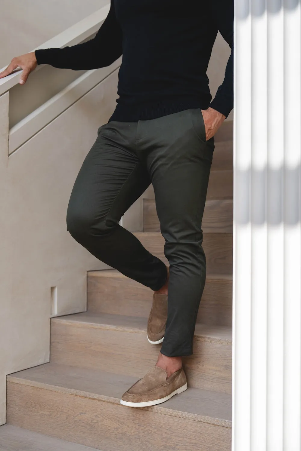 Athletic Fit Cotton Stretch Chino Pants in Dark Khaki Core Essential
