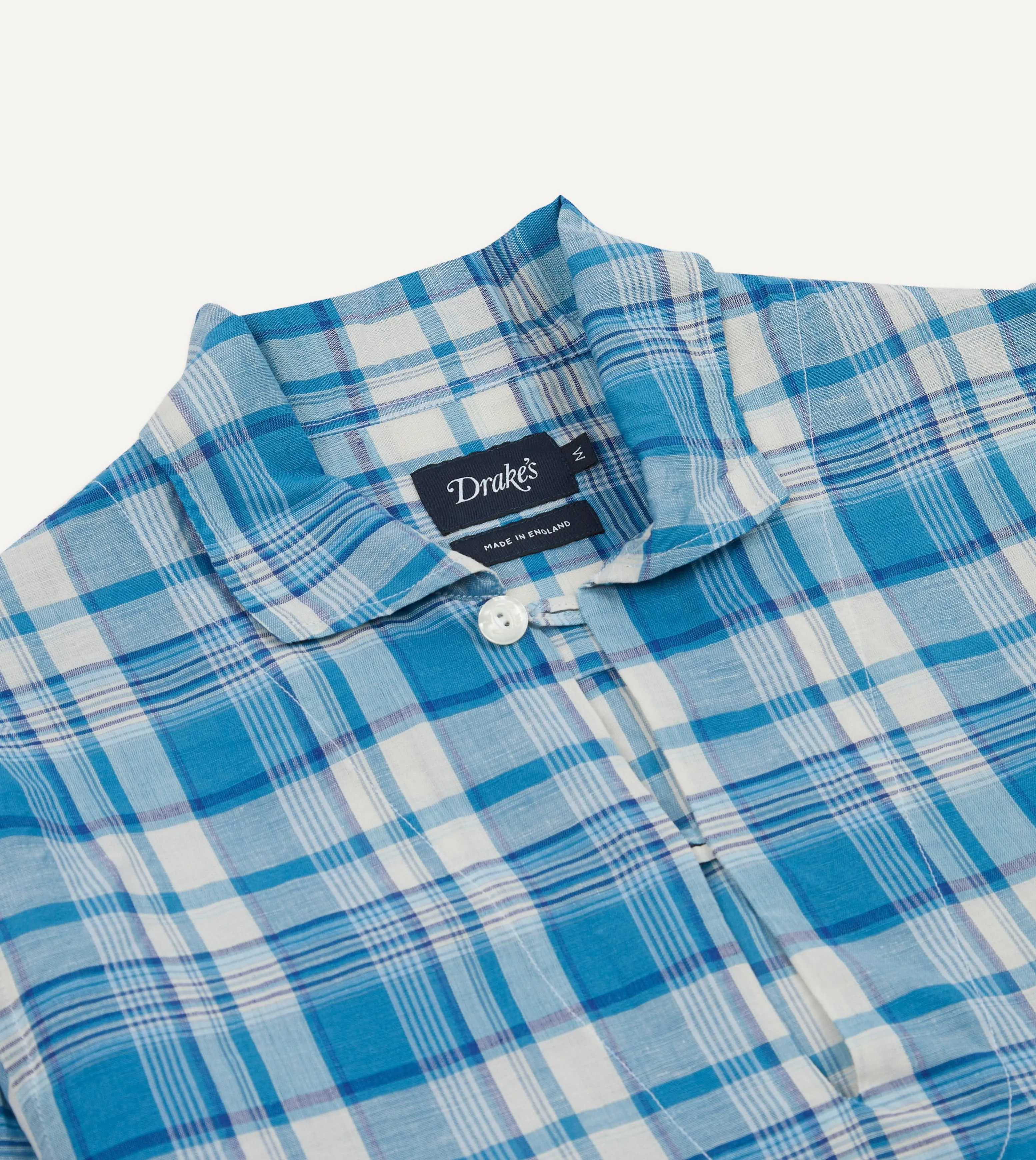 Laser Cut Edge Detail Blue Madras Check Linen Smock Shirt