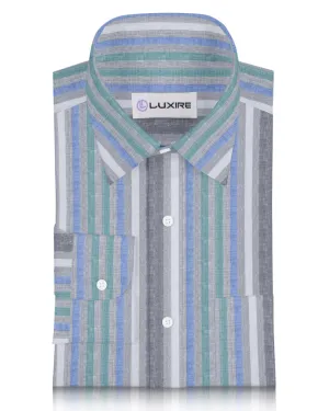 Smooth Line Linen: Green Blue White Tape Stripes On Grey Madras Shirt