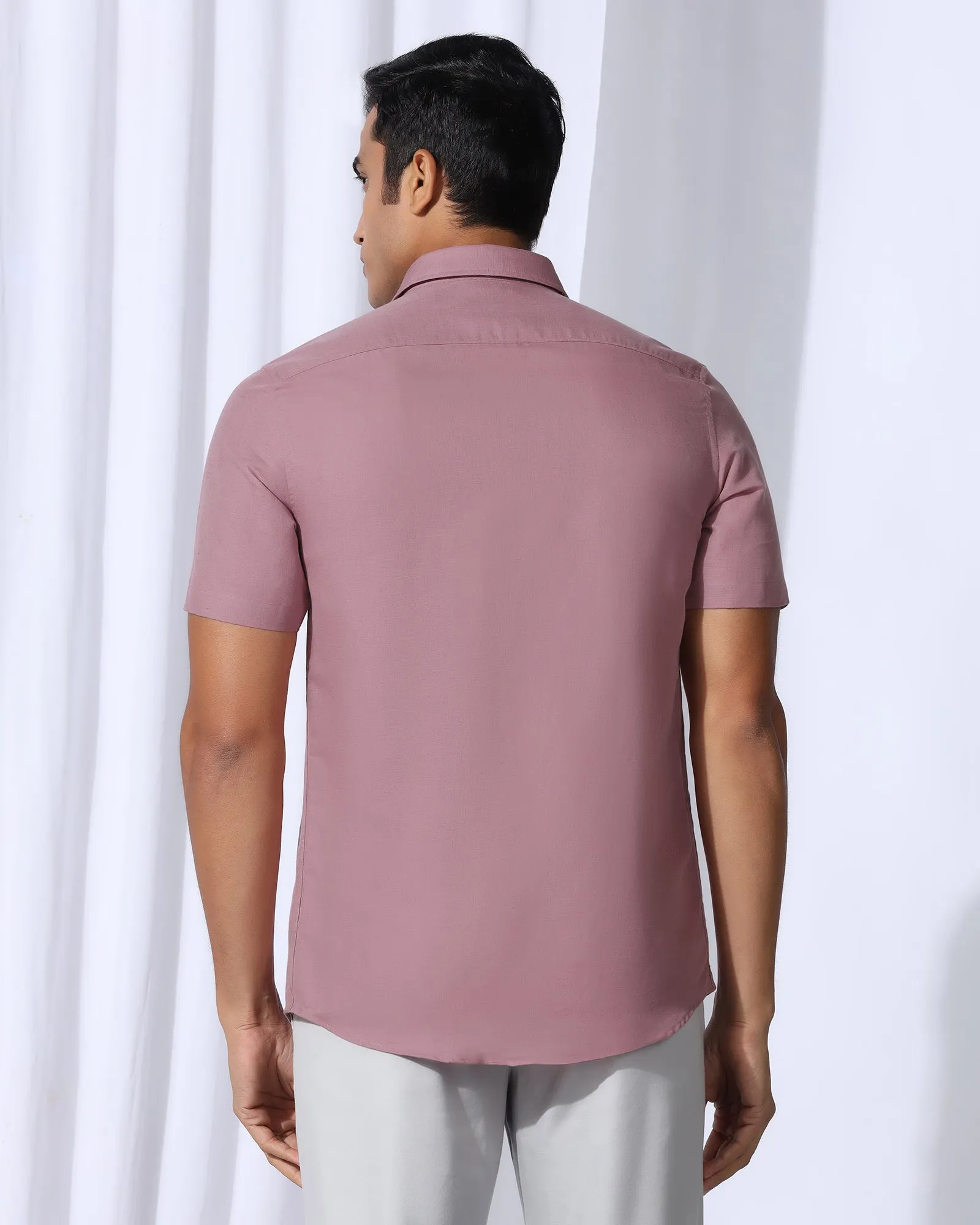 Inner Layer Linen Casual Half Sleeve Pink Solid Shirt - Salmon