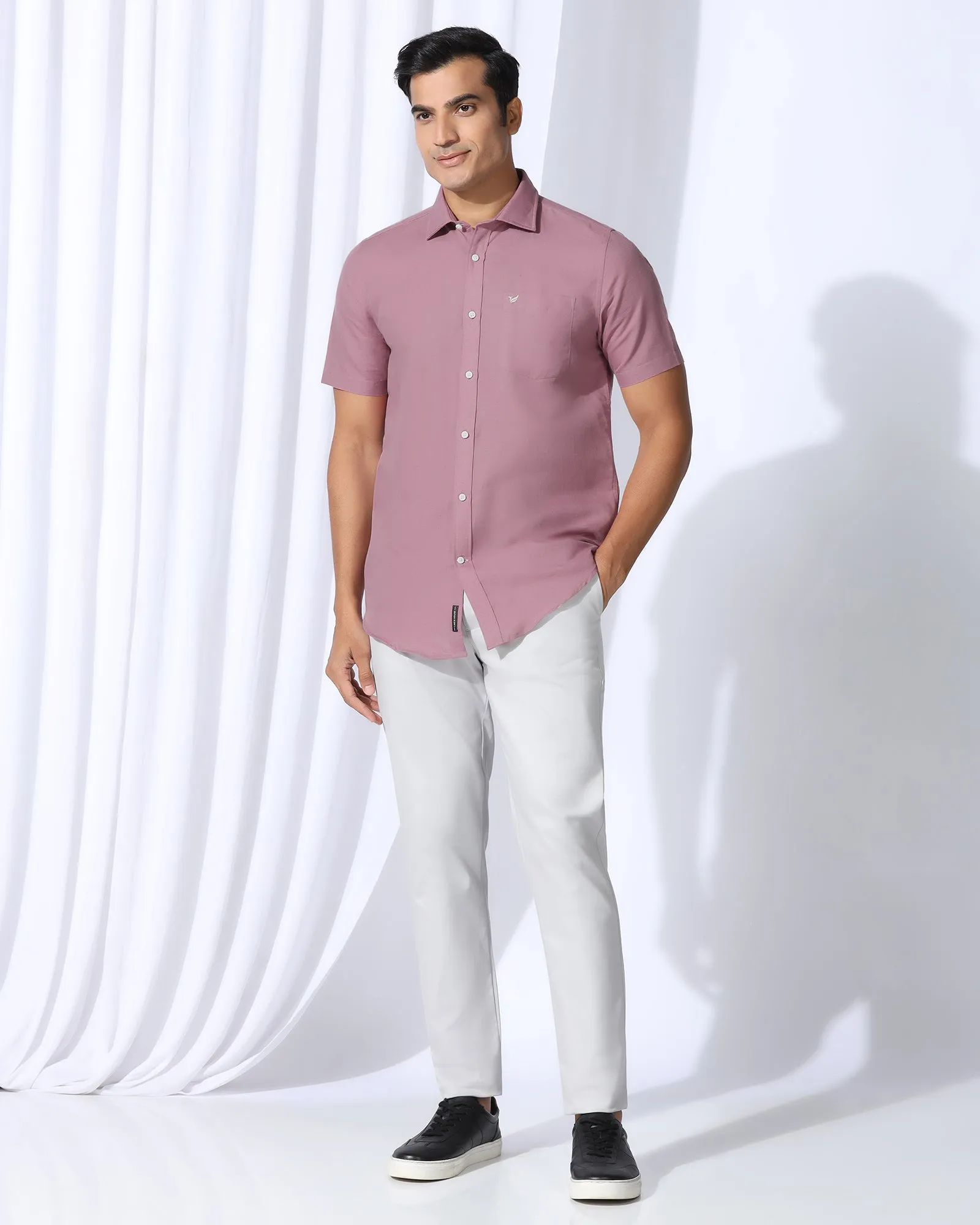 All Day Comfort Tech Linen Casual Half Sleeve Pink Solid Shirt - Salmon