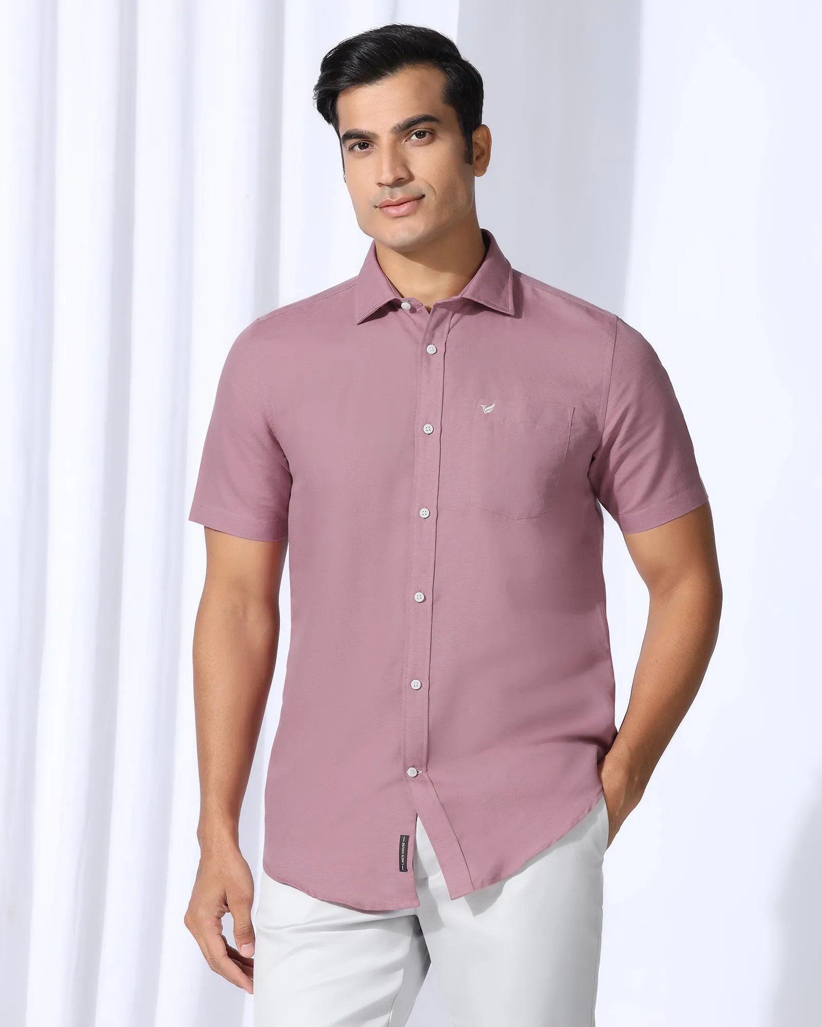 Linen Casual Half Sleeve Pink Solid Shirt - Salmon Brushed Inner Lining Static Dissipating Fiber