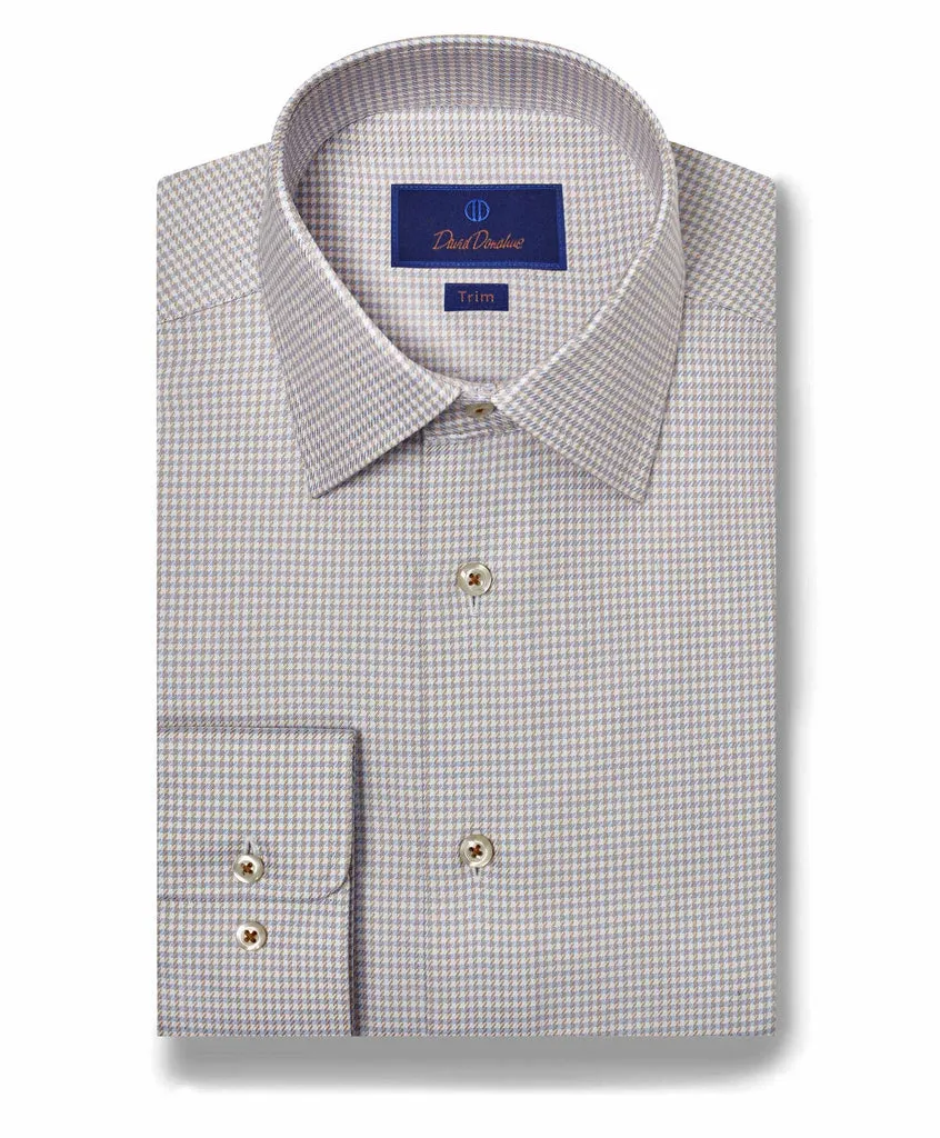 David Donahue Trim Fit Twill Check Dress Shirt in Sky/Dune Smart Casual Elegant Finish