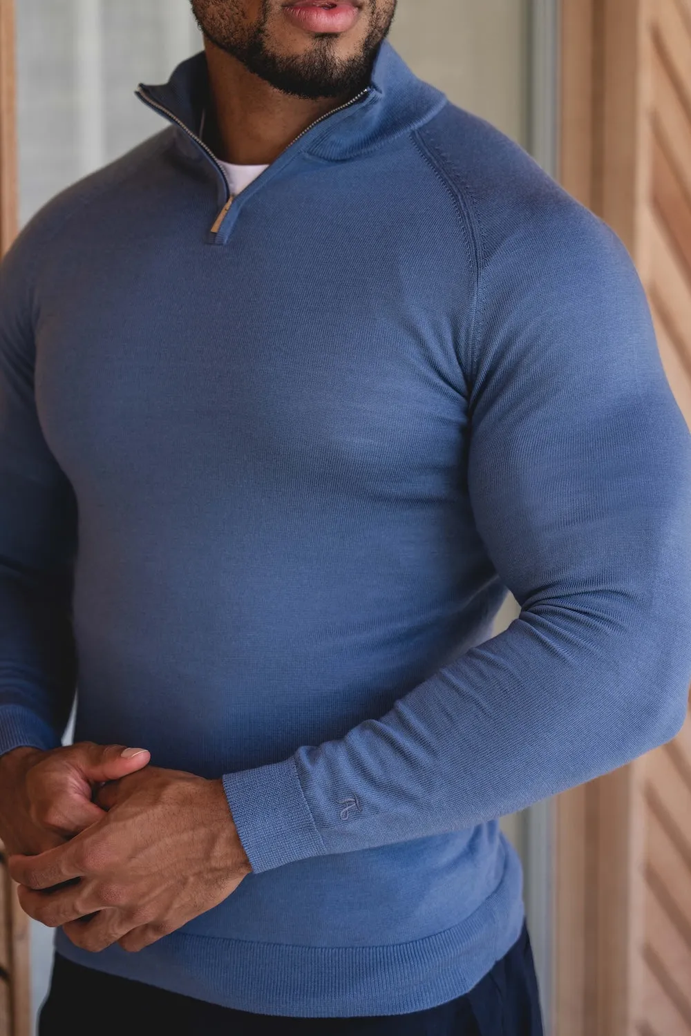 Extra Fine Merino Wool Half Zip Neck Sweater in Airforce Blue Tribal Soul