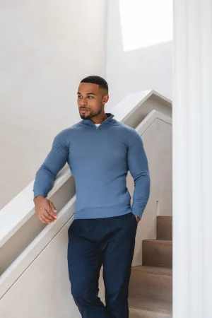 Music Mood Extra Fine Merino Wool Half Zip Neck Sweater in Airforce Blue