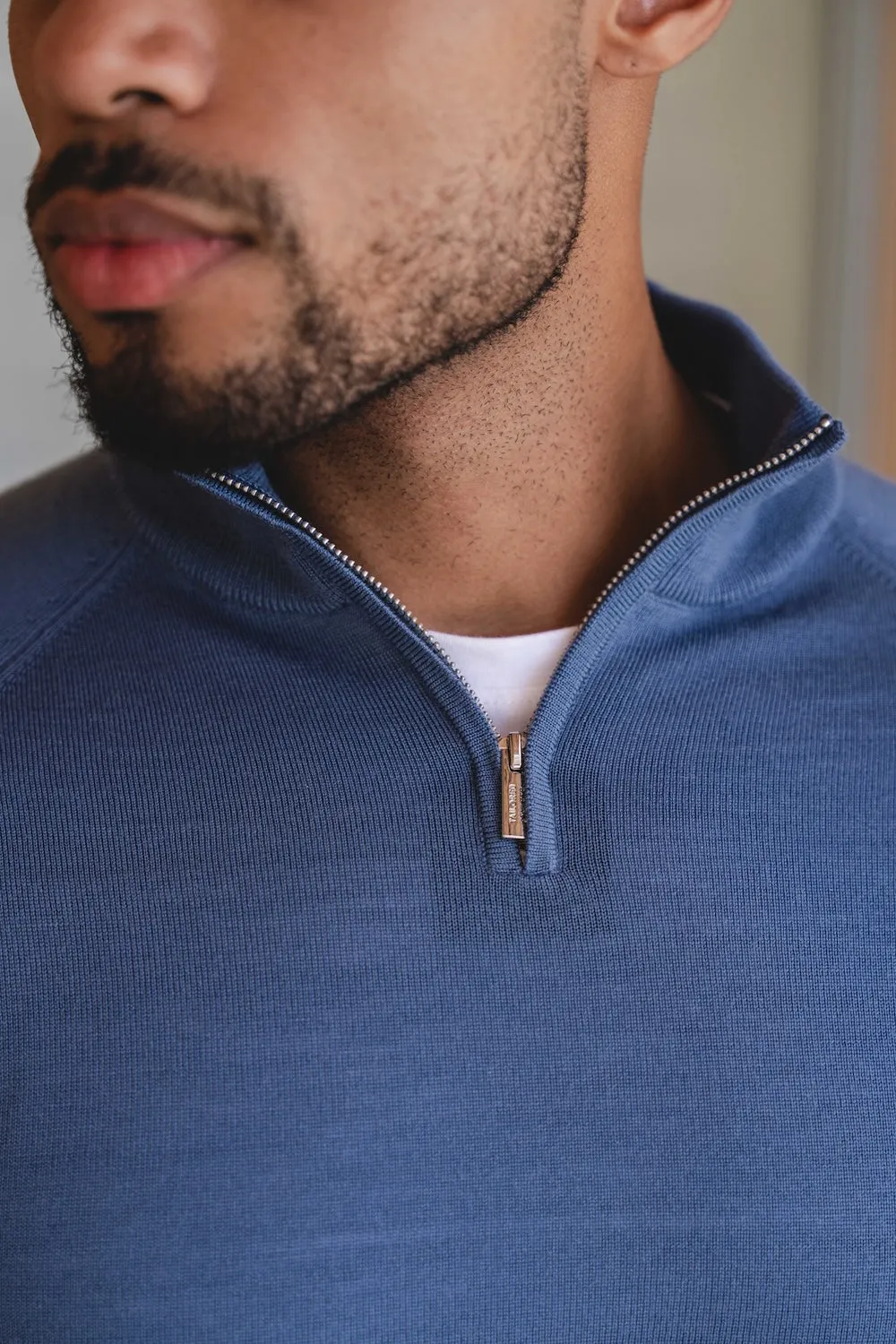 Extra Fine Merino Wool Half Zip Neck Sweater in Airforce Blue Easy Layer