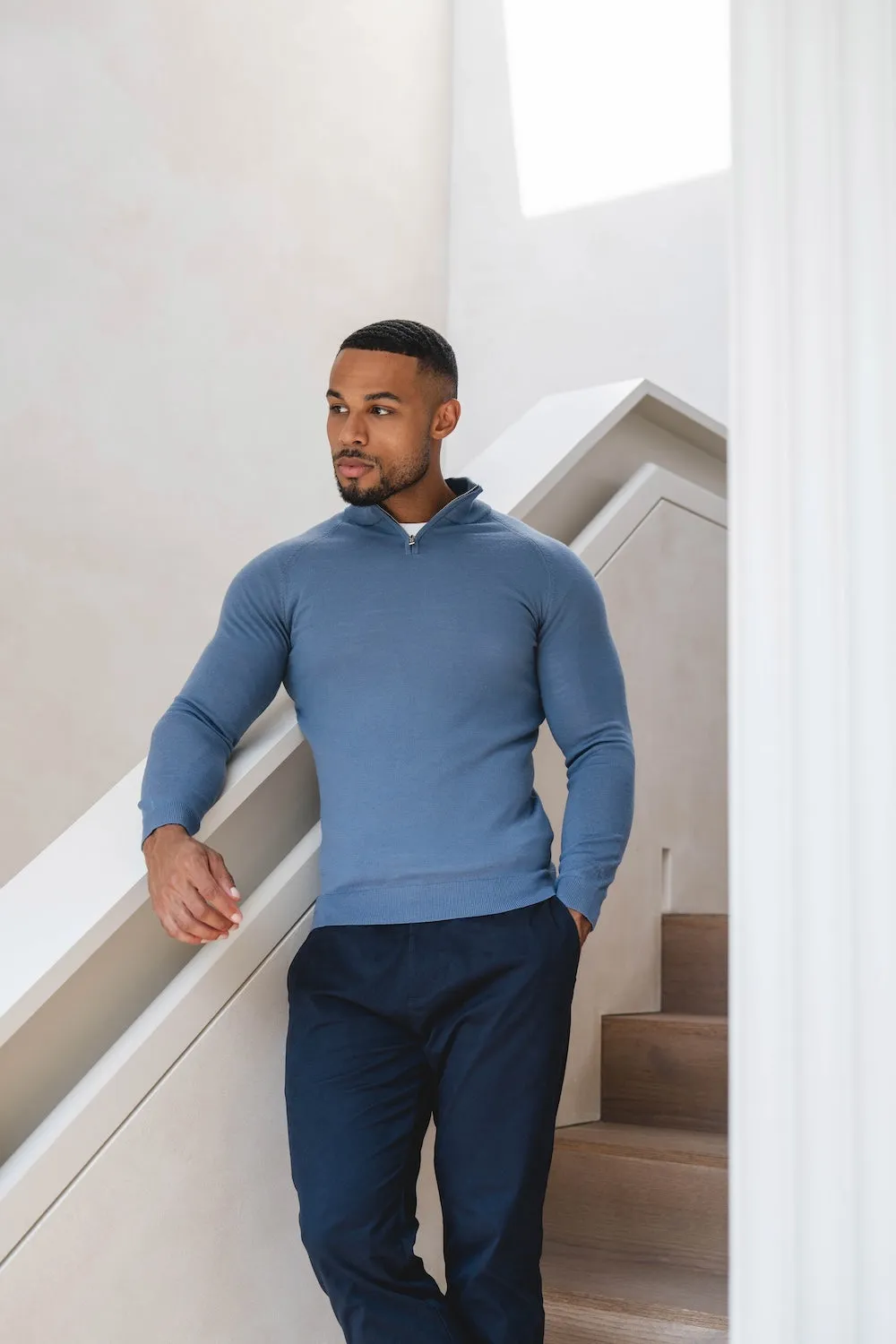 Music Mood Extra Fine Merino Wool Half Zip Neck Sweater in Airforce Blue