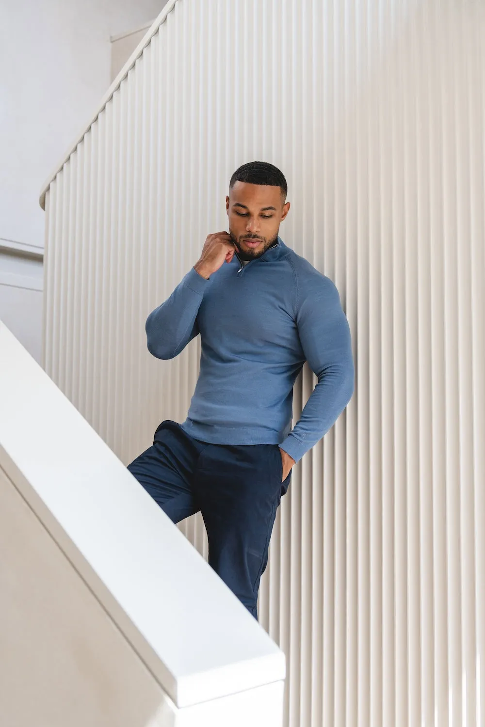 HighDensity Weave Extra Fine Merino Wool Half Zip Neck Sweater in Airforce Blue