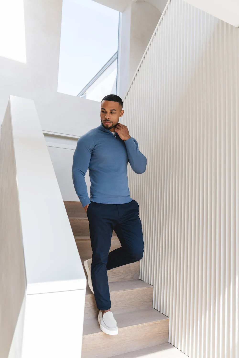 Relaxed Wear QuickDryMaterial Extra Fine Merino Wool Half Zip Neck Sweater in Airforce Blue